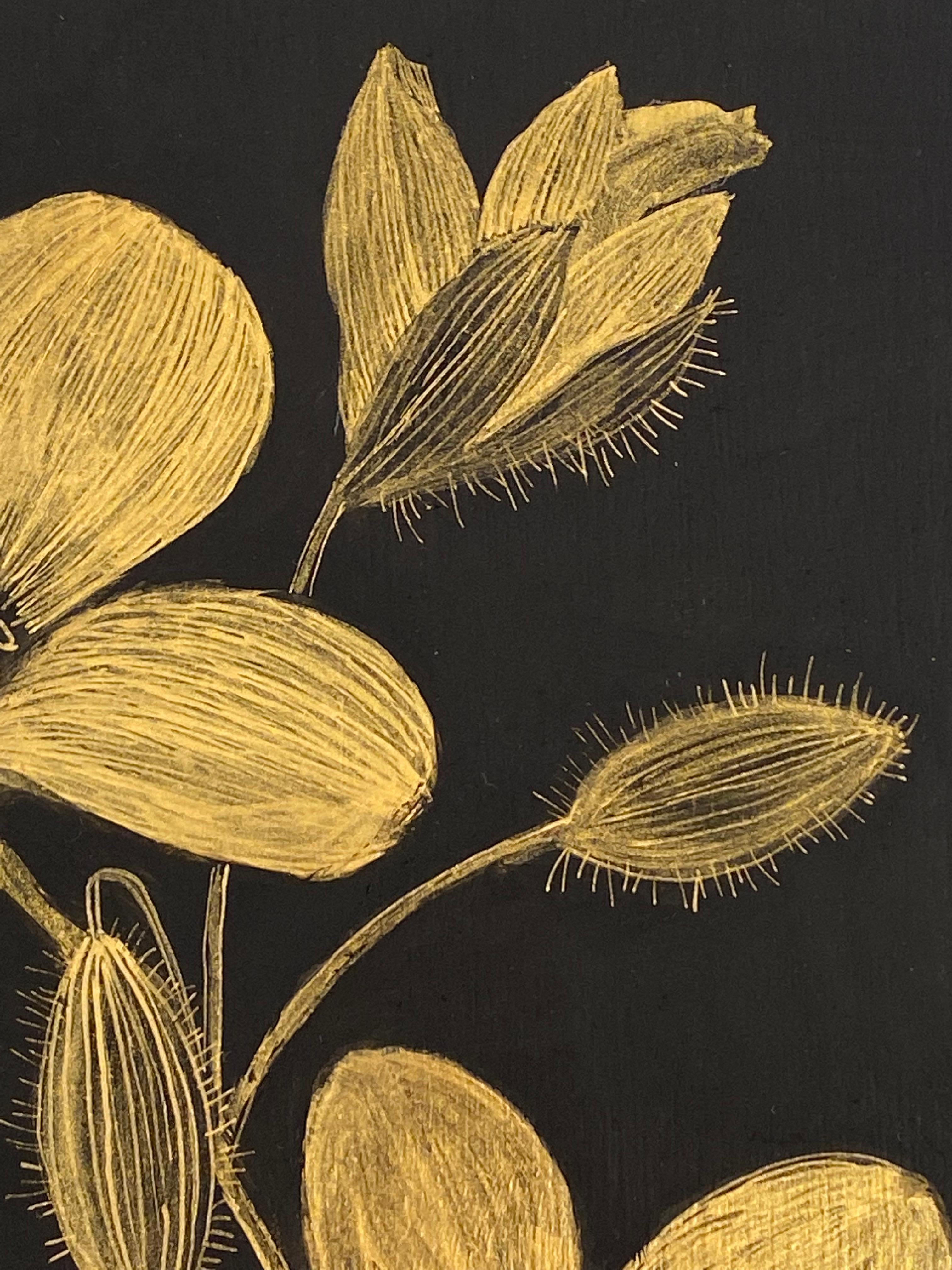 Celandine, Botanical Painting Gold Flowers, Black Panel, Leaves, Stem, Buds For Sale 3