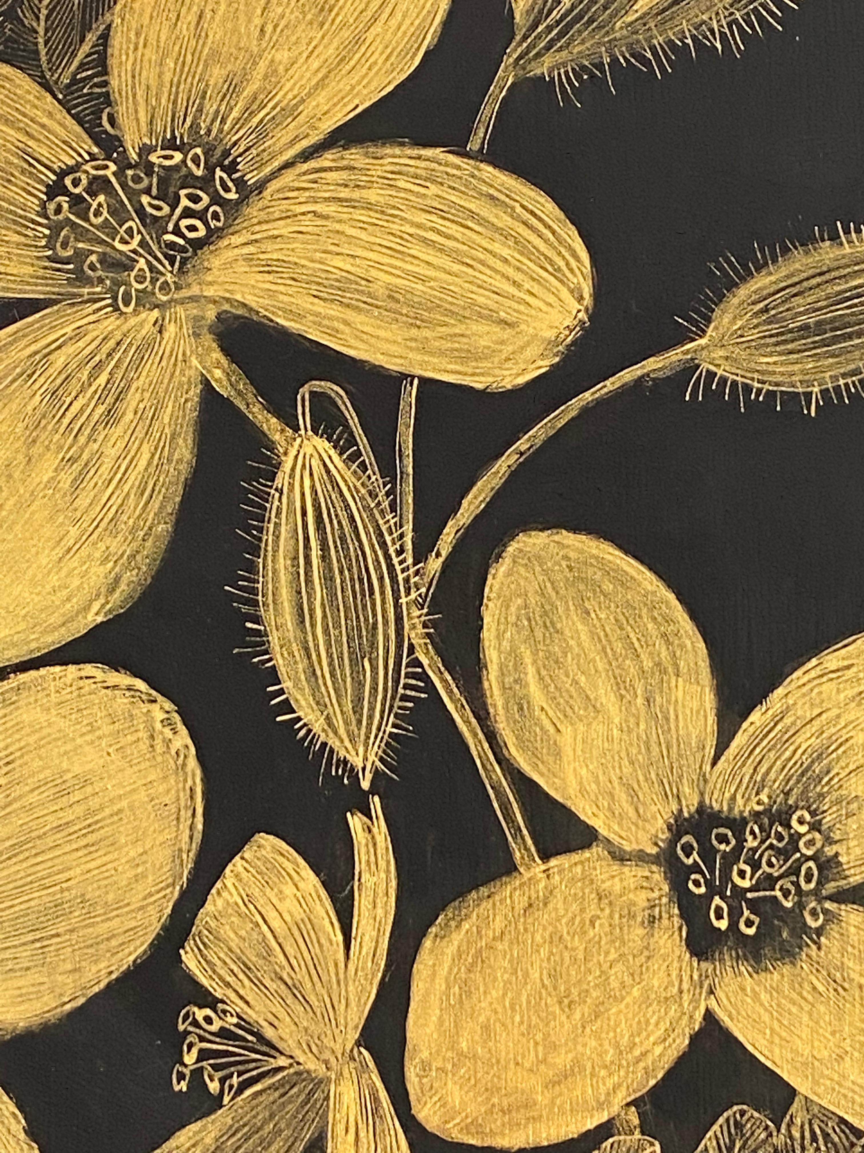 Celandine, Botanical Painting Gold Flowers, Black Panel, Leaves, Stem, Buds For Sale 4