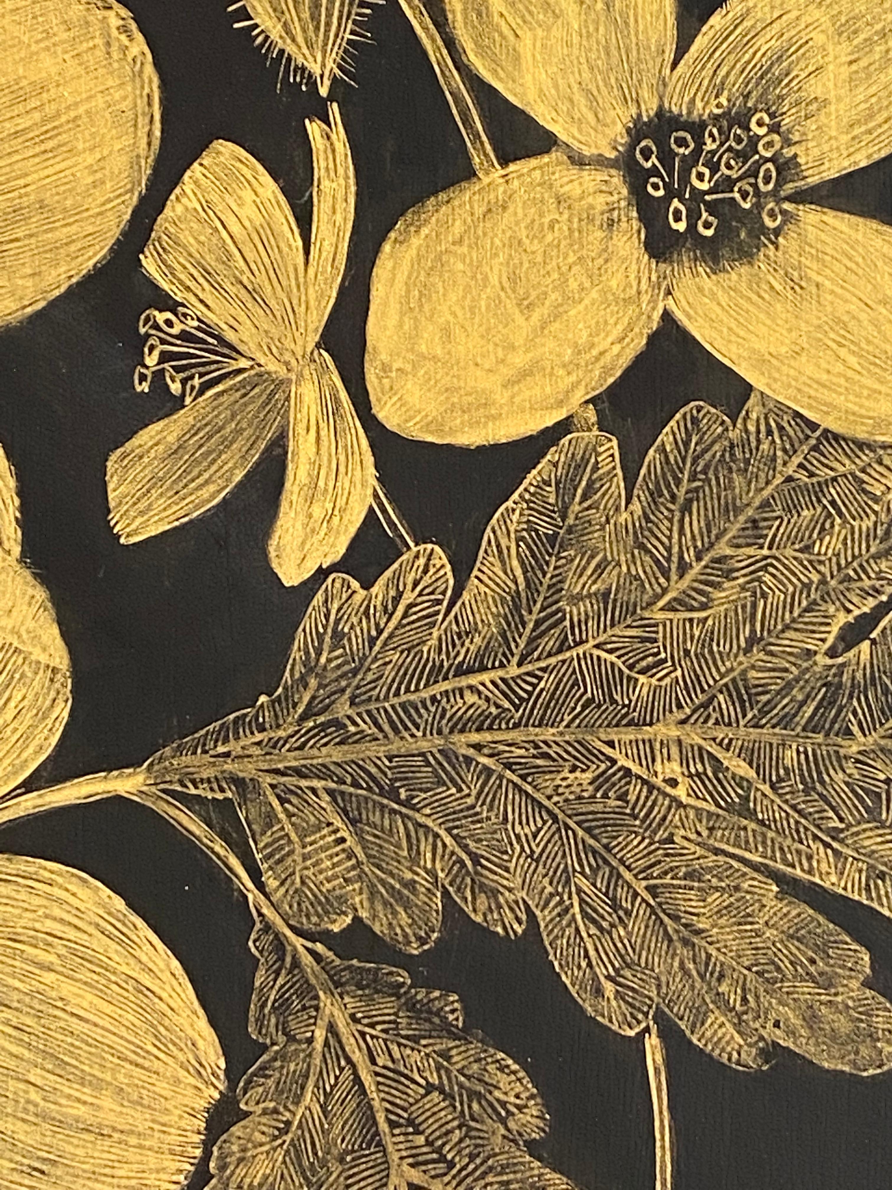 Celandine, Botanical Painting Gold Flowers, Black Panel, Leaves, Stem, Buds For Sale 5