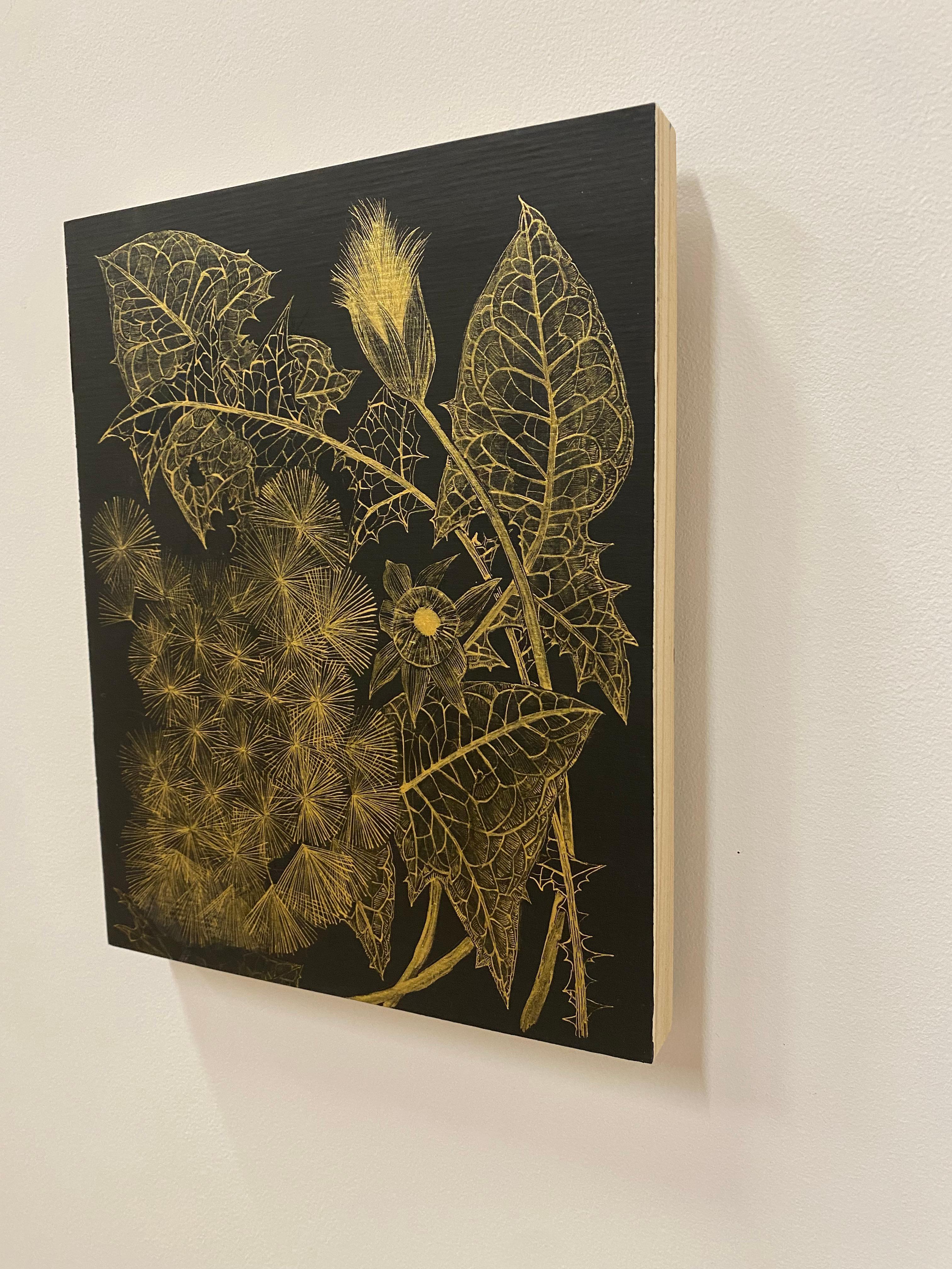 Dandelion Two, Botanical Painting, Black Panel, Gold Plant, Leaves, Stem, Bud For Sale 9