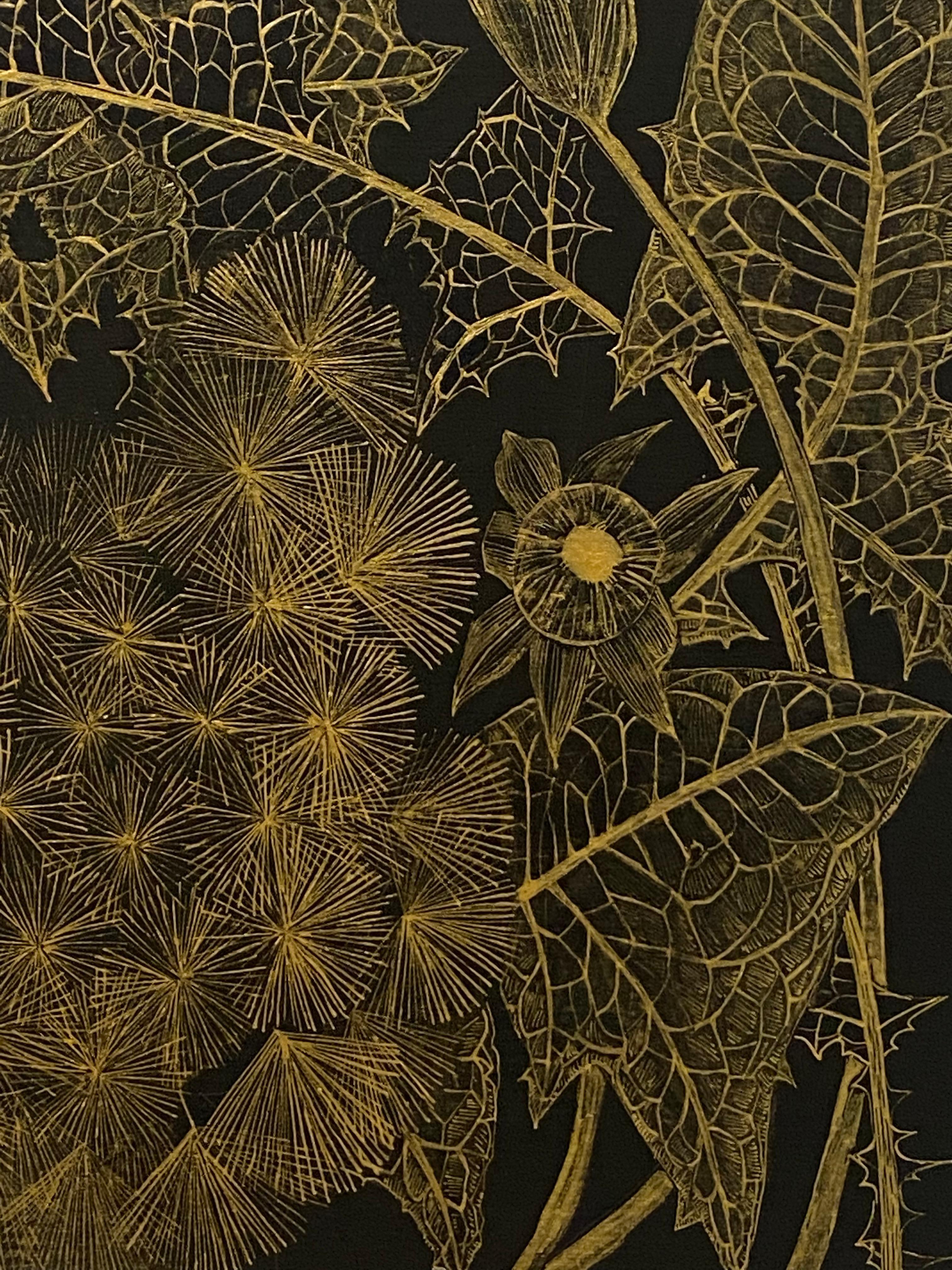 Dandelion Two, Botanical Painting, Black Panel, Gold Plant, Leaves, Stem, Bud For Sale 3