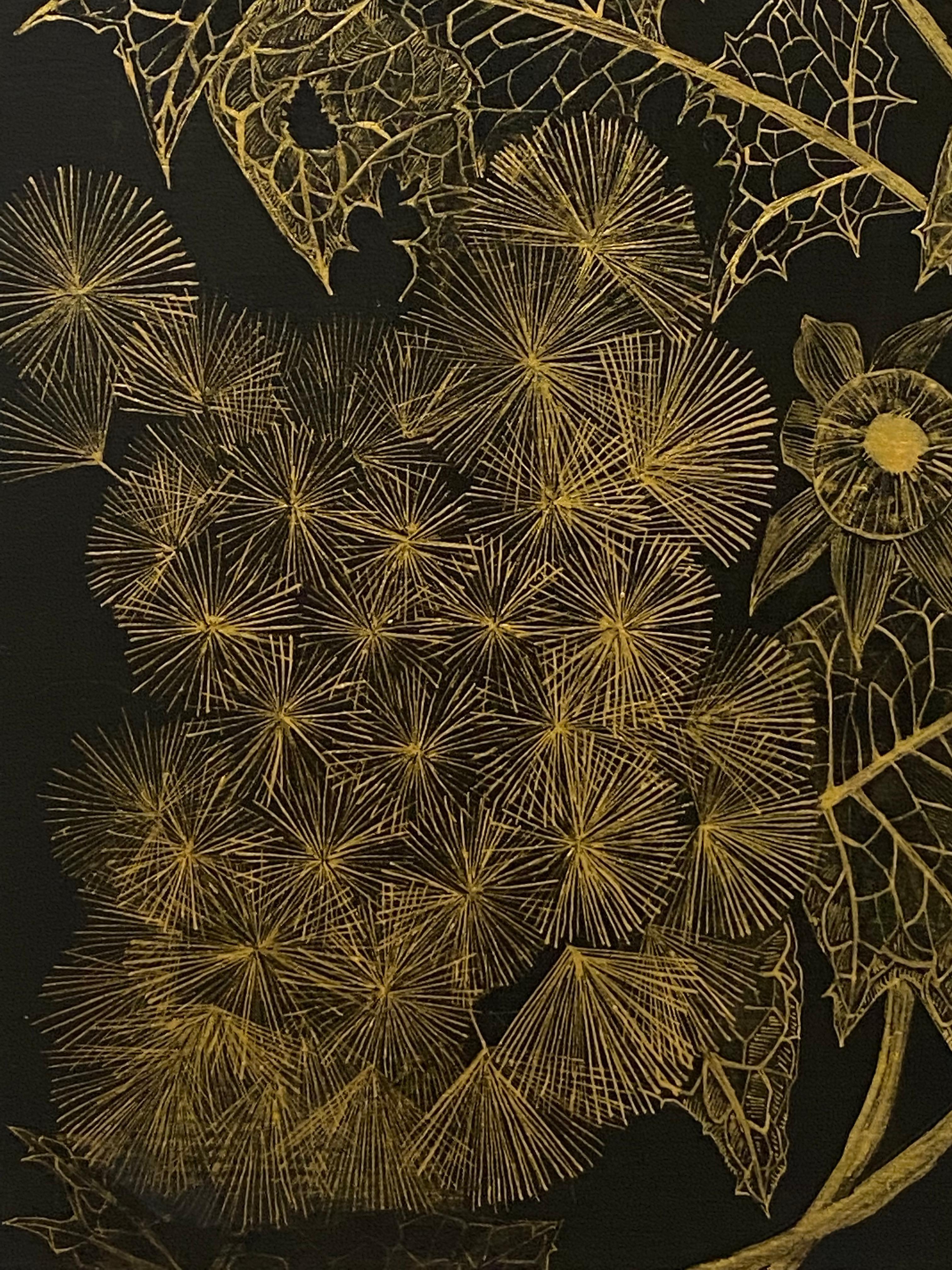 Dandelion Two, Botanical Painting, Black Panel, Gold Plant, Leaves, Stem, Bud For Sale 4