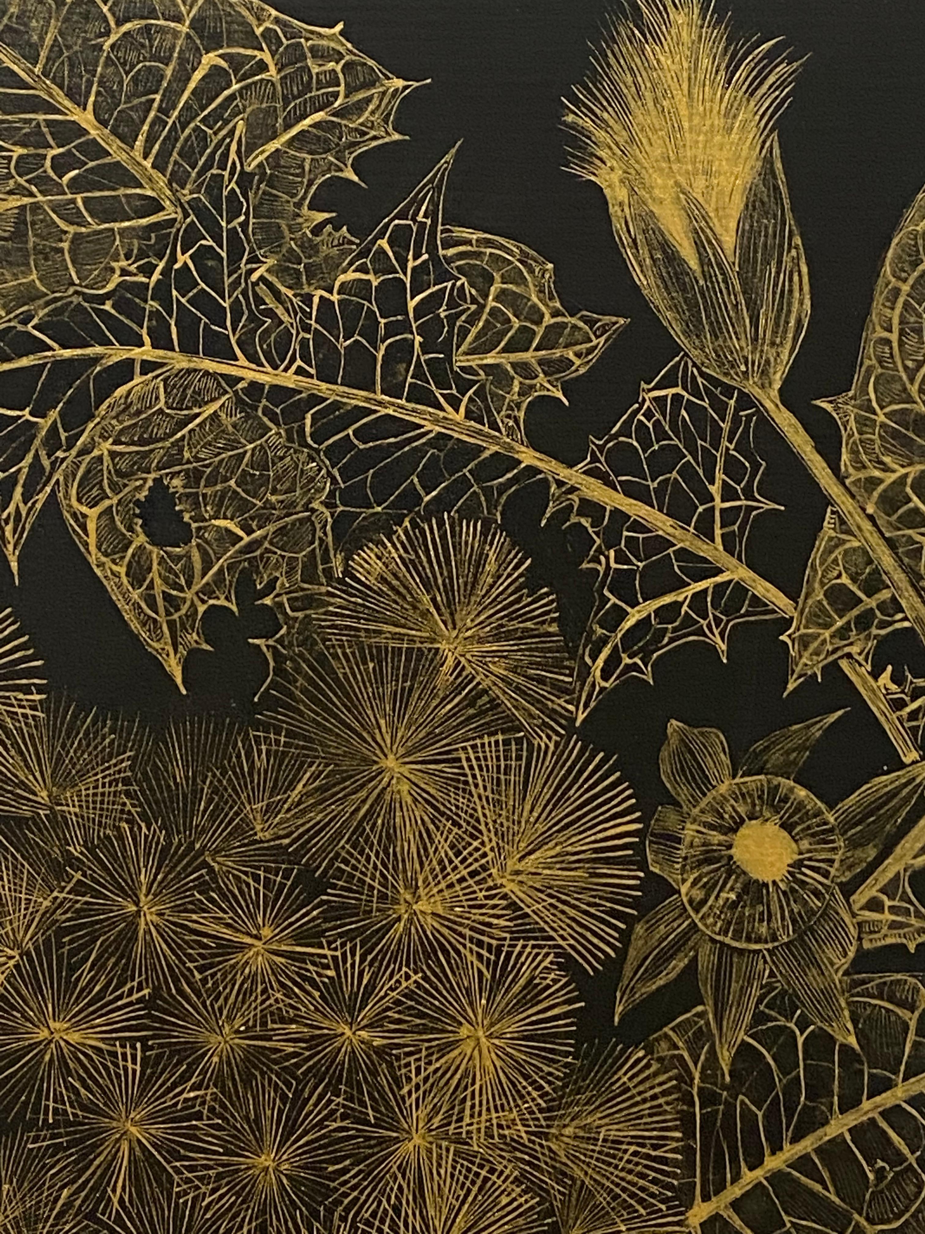 Dandelion Two, Botanical Painting, Black Panel, Gold Plant, Leaves, Stem, Bud For Sale 5