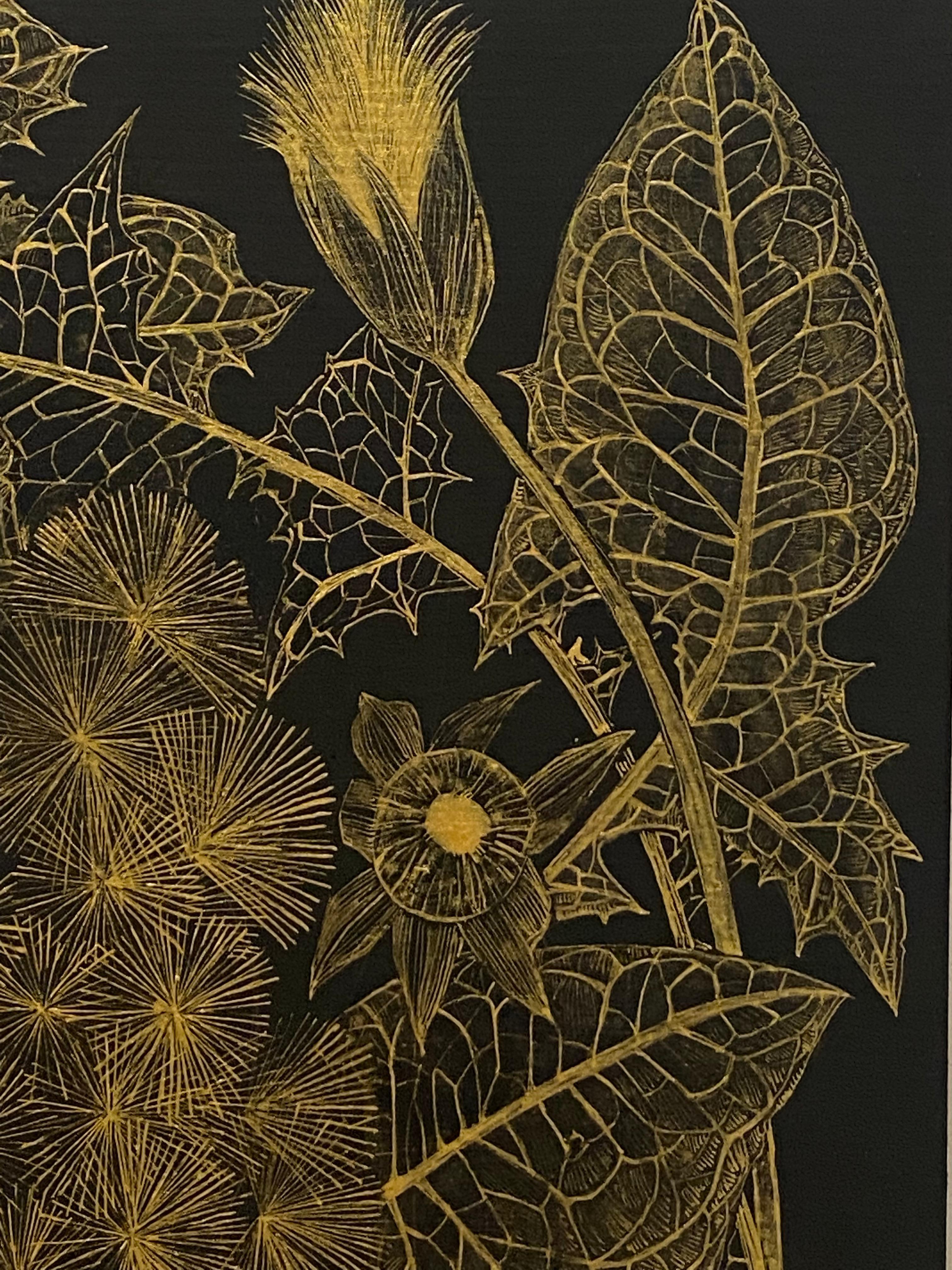 Dandelion Two, Botanical Painting, Black Panel, Gold Plant, Leaves, Stem, Bud For Sale 6