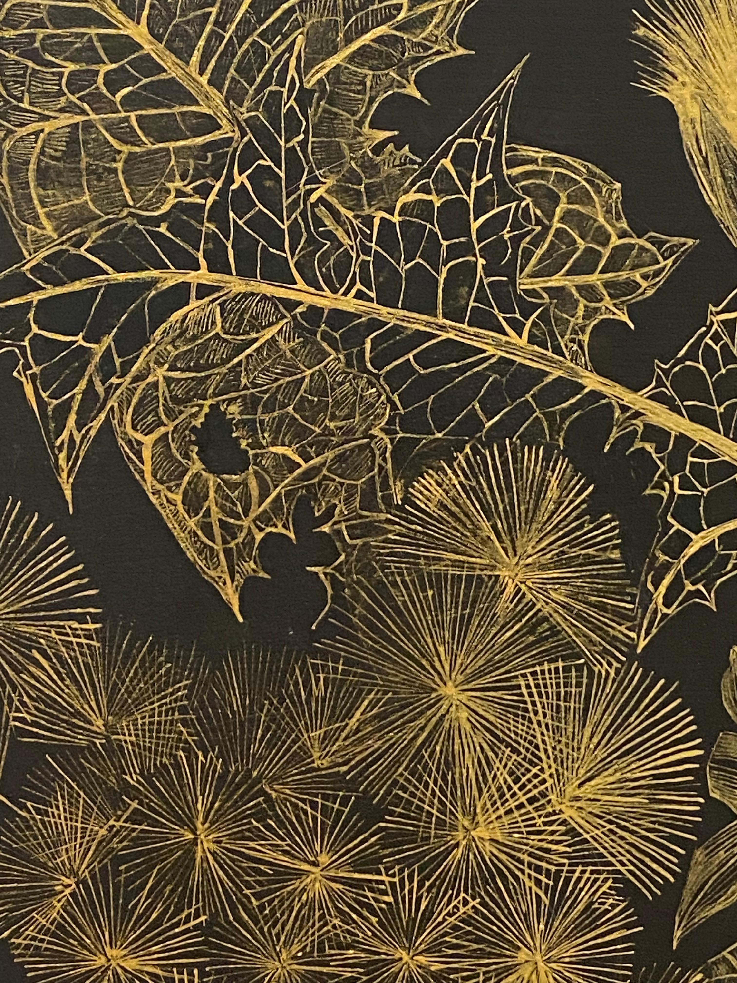 Dandelion Two, Botanical Painting, Black Panel, Gold Plant, Leaves, Stem, Bud For Sale 7