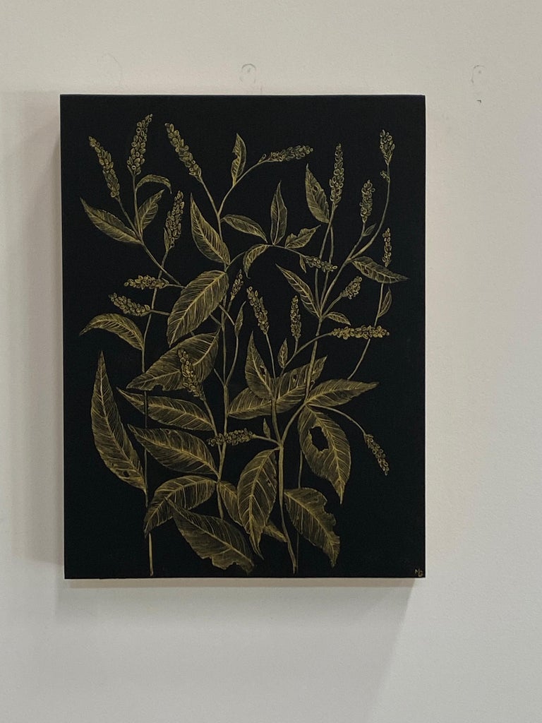 Lady's Thumb, Botanical Drawing, Gold Flower, Leaves on Black Panel - Contemporary Painting by Margot Glass