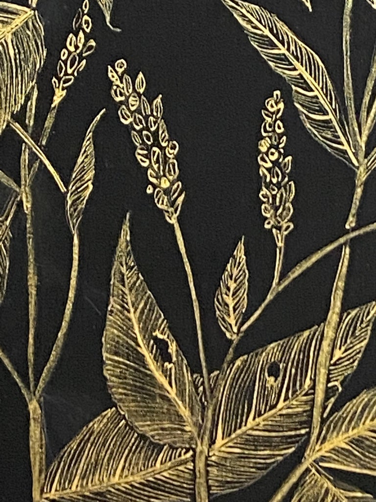 Lady's Thumb, Botanical Drawing, Gold Flower, Leaves on Black Panel For Sale 2