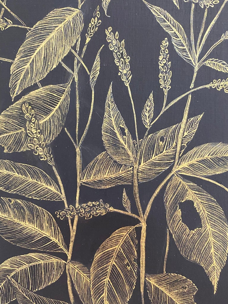 Lady's Thumb, Botanical Drawing, Gold Flower, Leaves on Black Panel For Sale 3