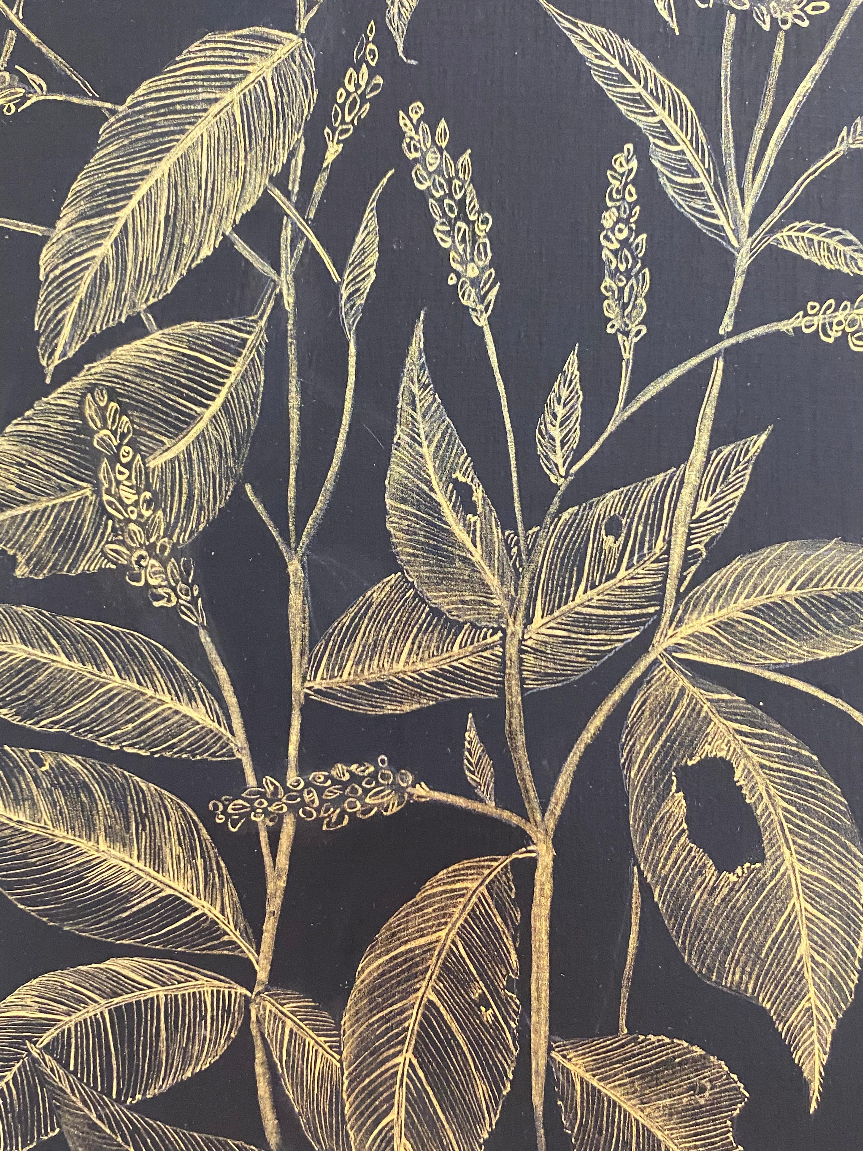 Lady's Thumb, Botanical, Metallic Gold Wildflowers, Leaves, Black Panel For Sale 3