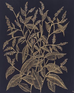Lady's Thumb One - Metallic Gold Plant Leaves Botanical Painting Black, 2024