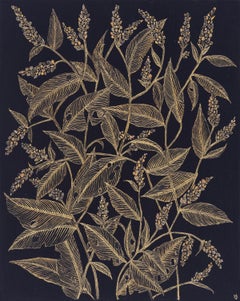 Lady's Thumb Two - Metallic Gold Plant Leaves Botanical Painting Schwarz, 2024