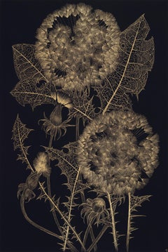 Grande Dandelion Nine - Pittura botanica metallizzata con foglie di piante d'oro, 2024