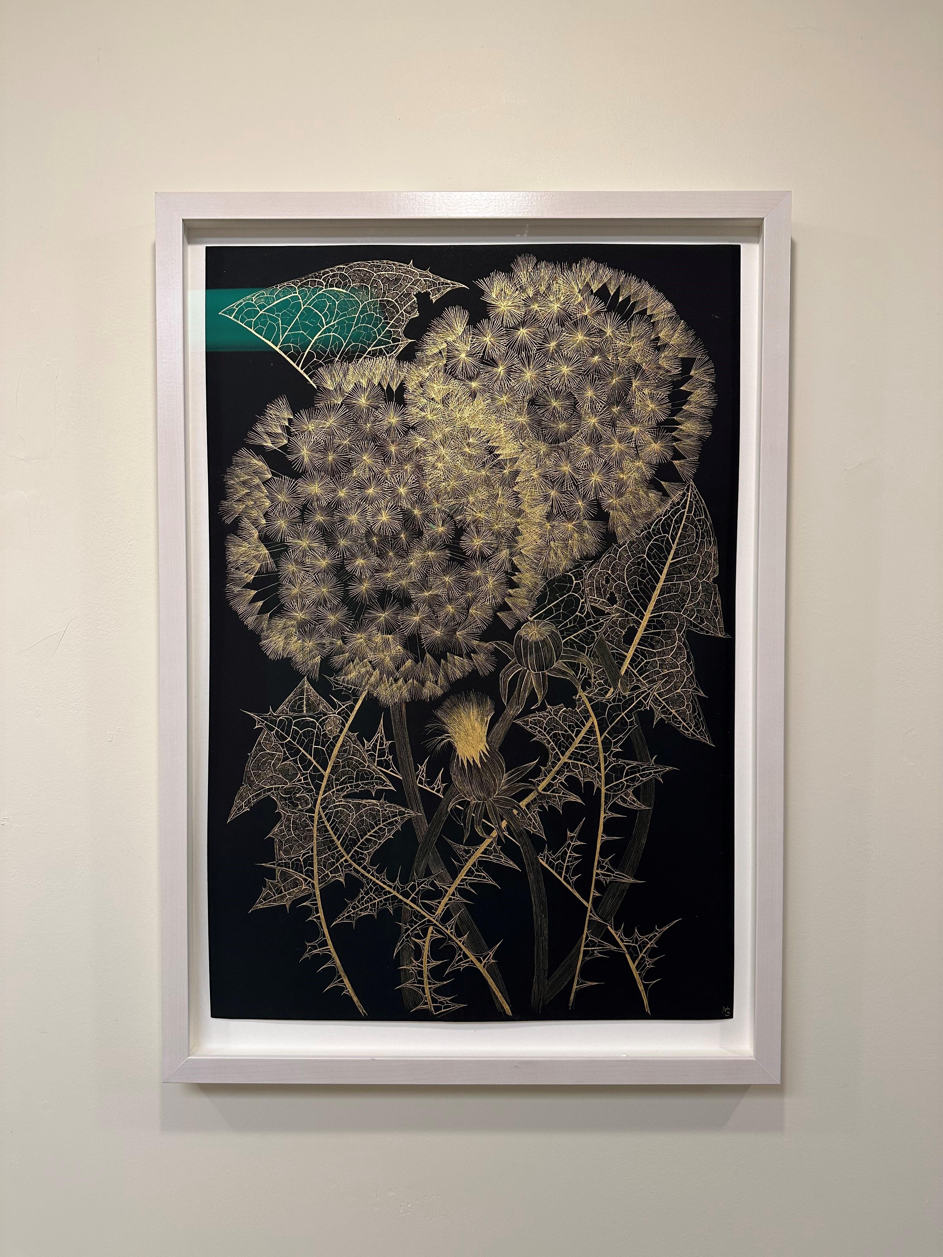Large Dandelion Seven, Gold Flowers, Leaves, Metallic Botanical Painting Black  For Sale 1