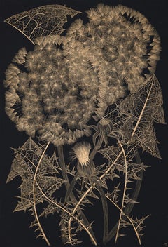 Grand Dandelion Seven, fleurs en or, feuilles, peinture botanique métallique noire 