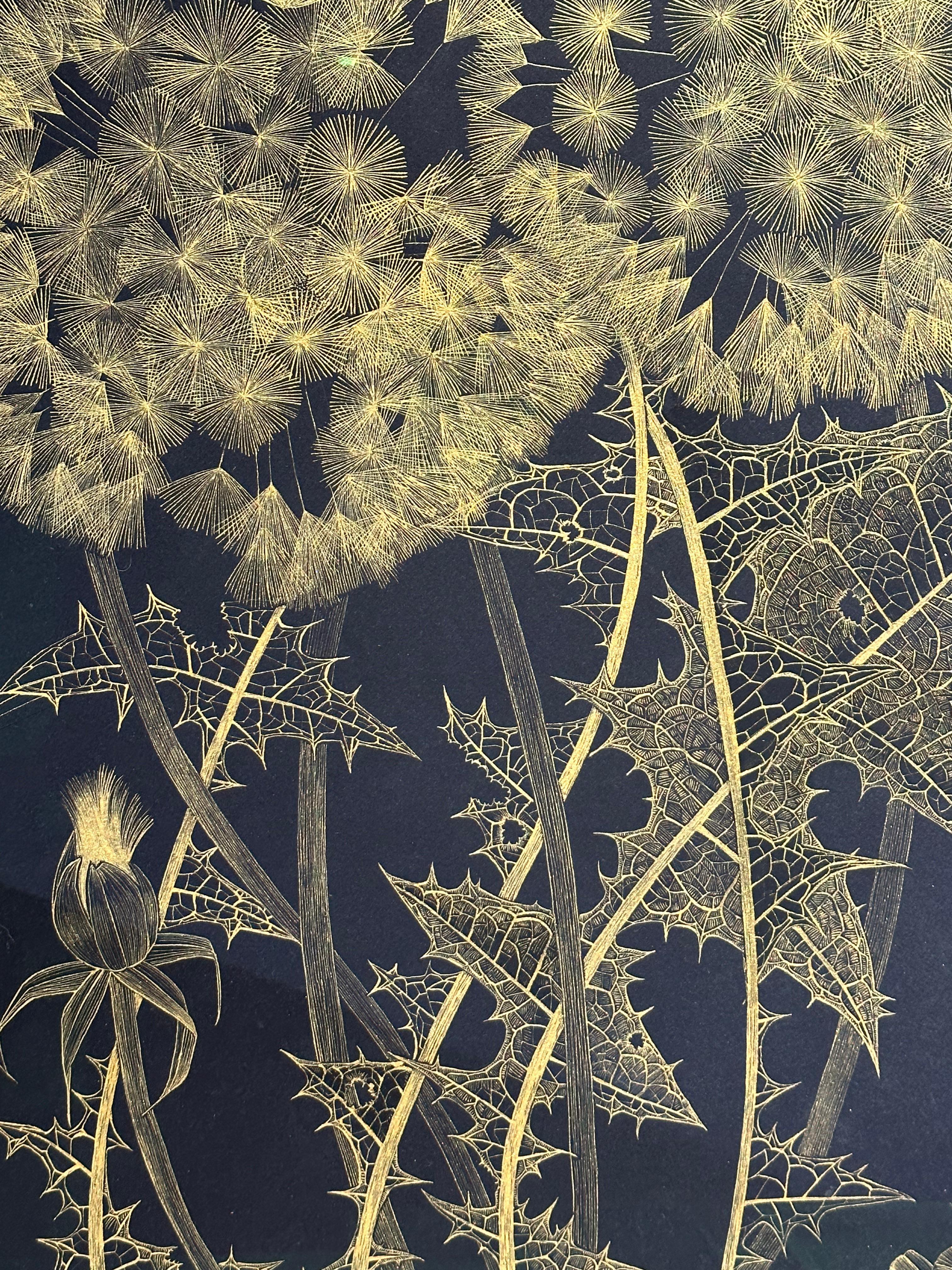 Large Dandelion Six, Botanical Painting Black, Gold Flowers, Leaves, Stem For Sale 9