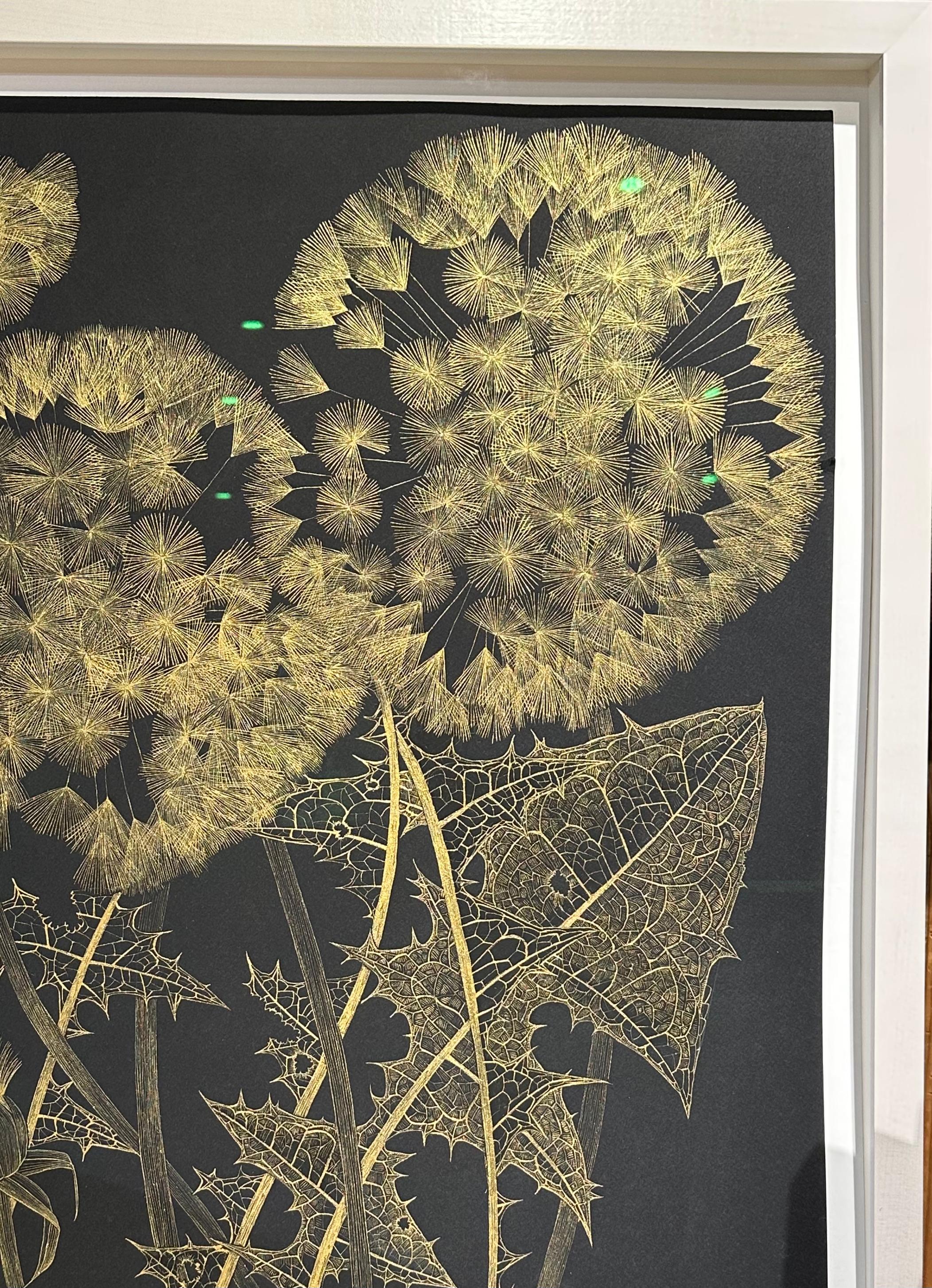 Large Dandelion Six, Botanical Painting Black, Gold Flowers, Leaves, Stem For Sale 10