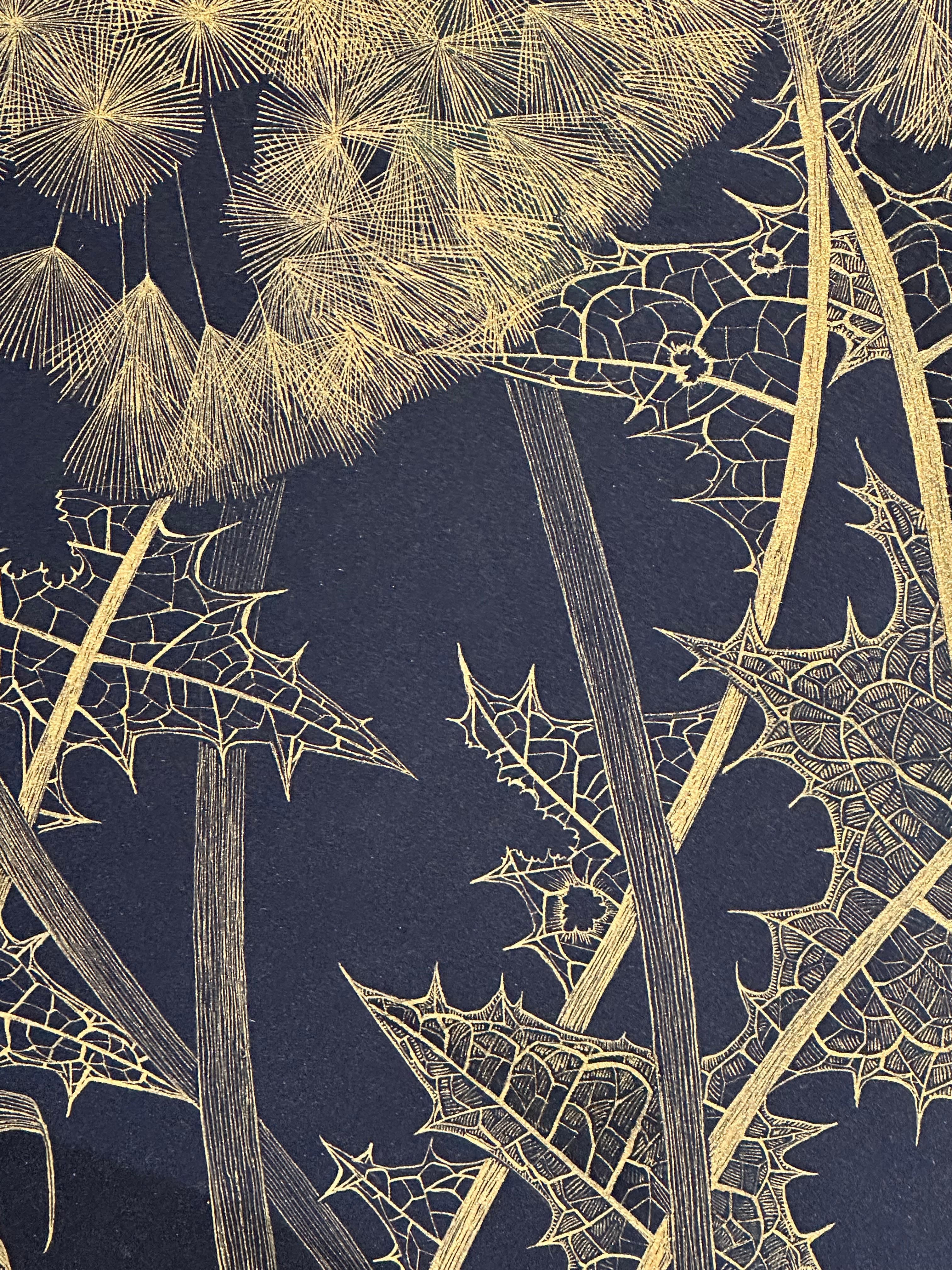 Large Dandelion Six, Botanical Painting Black, Gold Flowers, Leaves, Stem For Sale 3