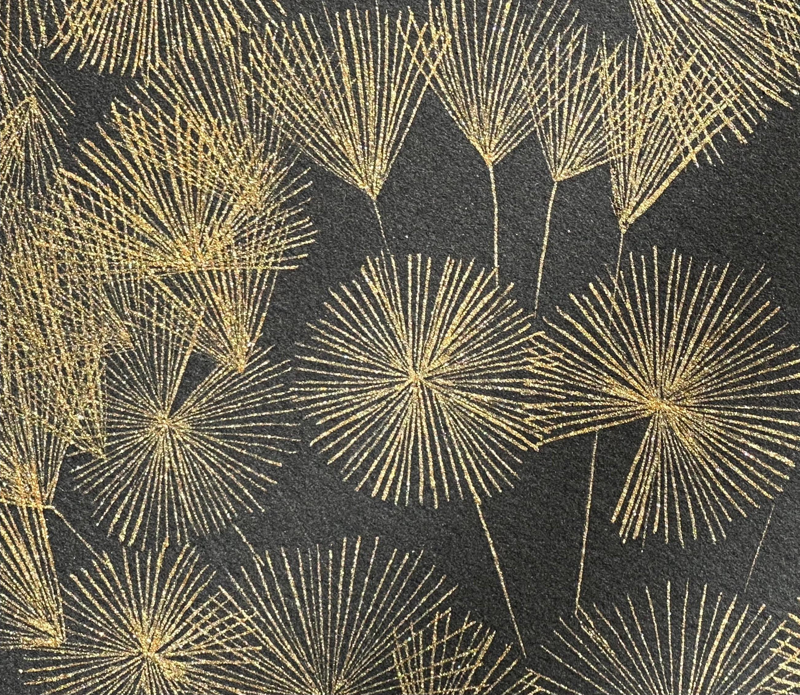 Große Löwenzahn Sechs, Botanische Malerei Schwarz, Gold Blumen, Blätter, Stem 2