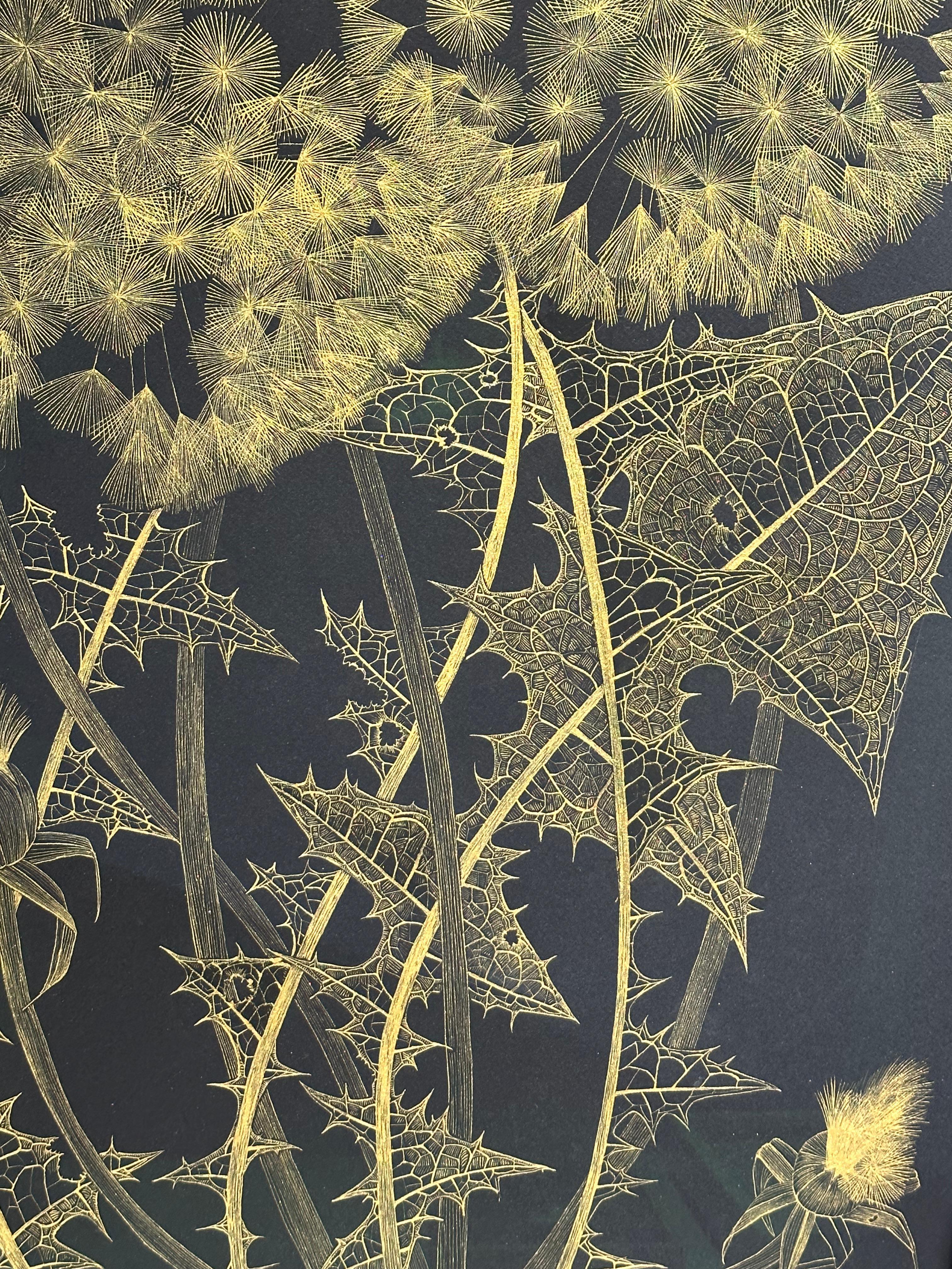 Large Dandelion Six, Botanical Painting Black, Gold Flowers, Leaves, Stem For Sale 5