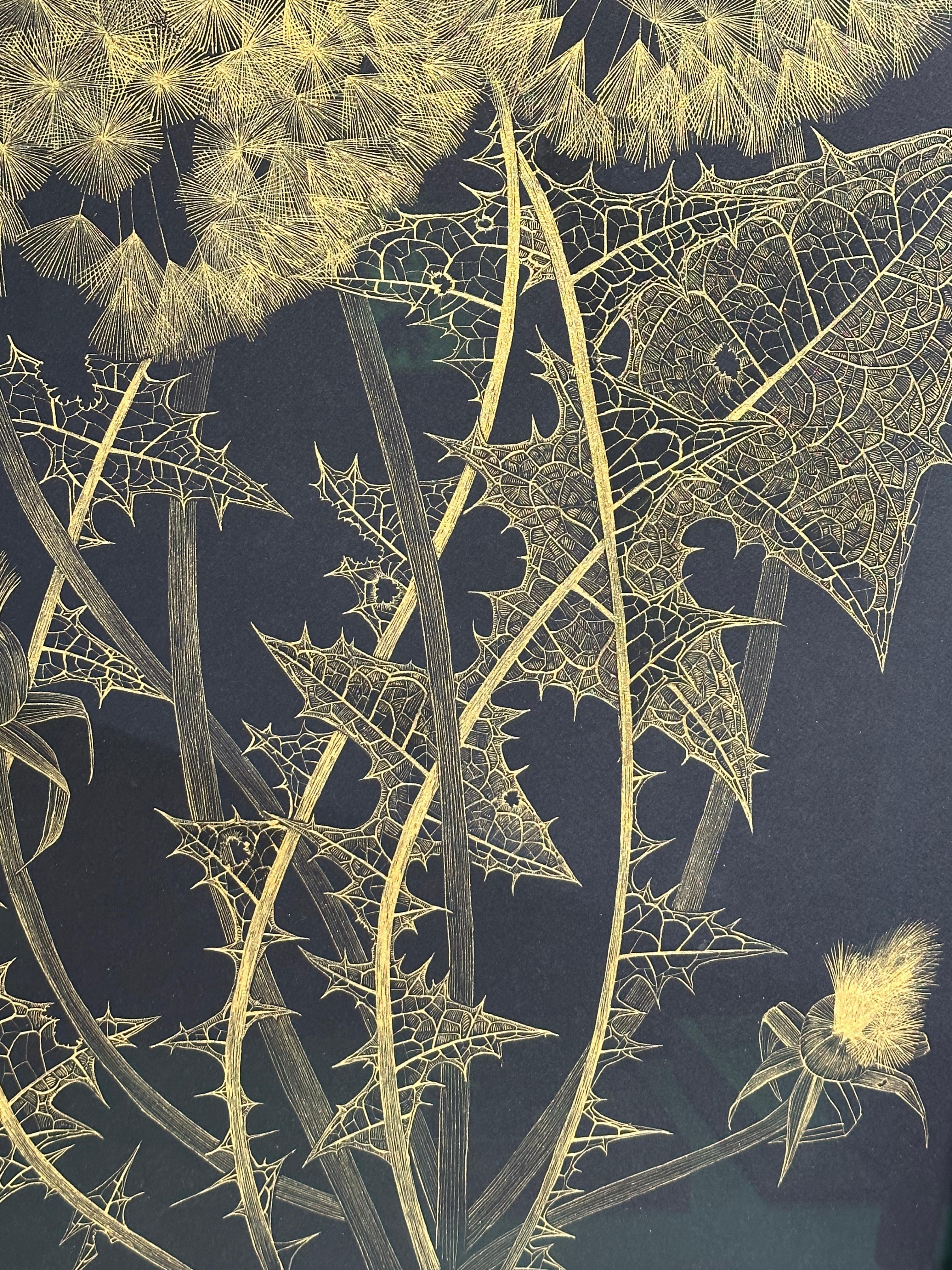 Large Dandelion Six, Botanical Painting Black, Gold Flowers, Leaves, Stem For Sale 7