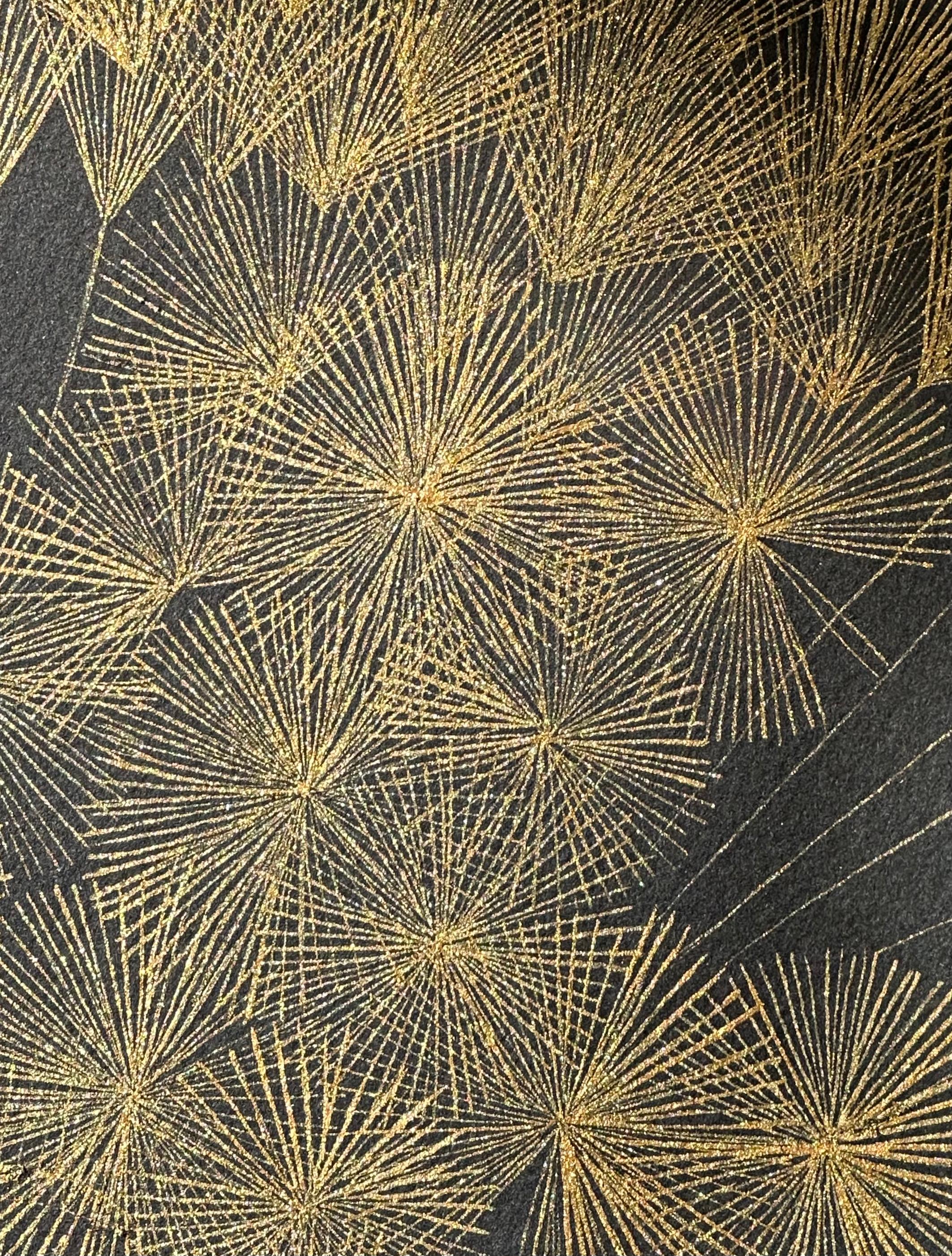 Große Löwenzahn Sechs, Botanische Malerei Schwarz, Gold Blumen, Blätter, Stem 6
