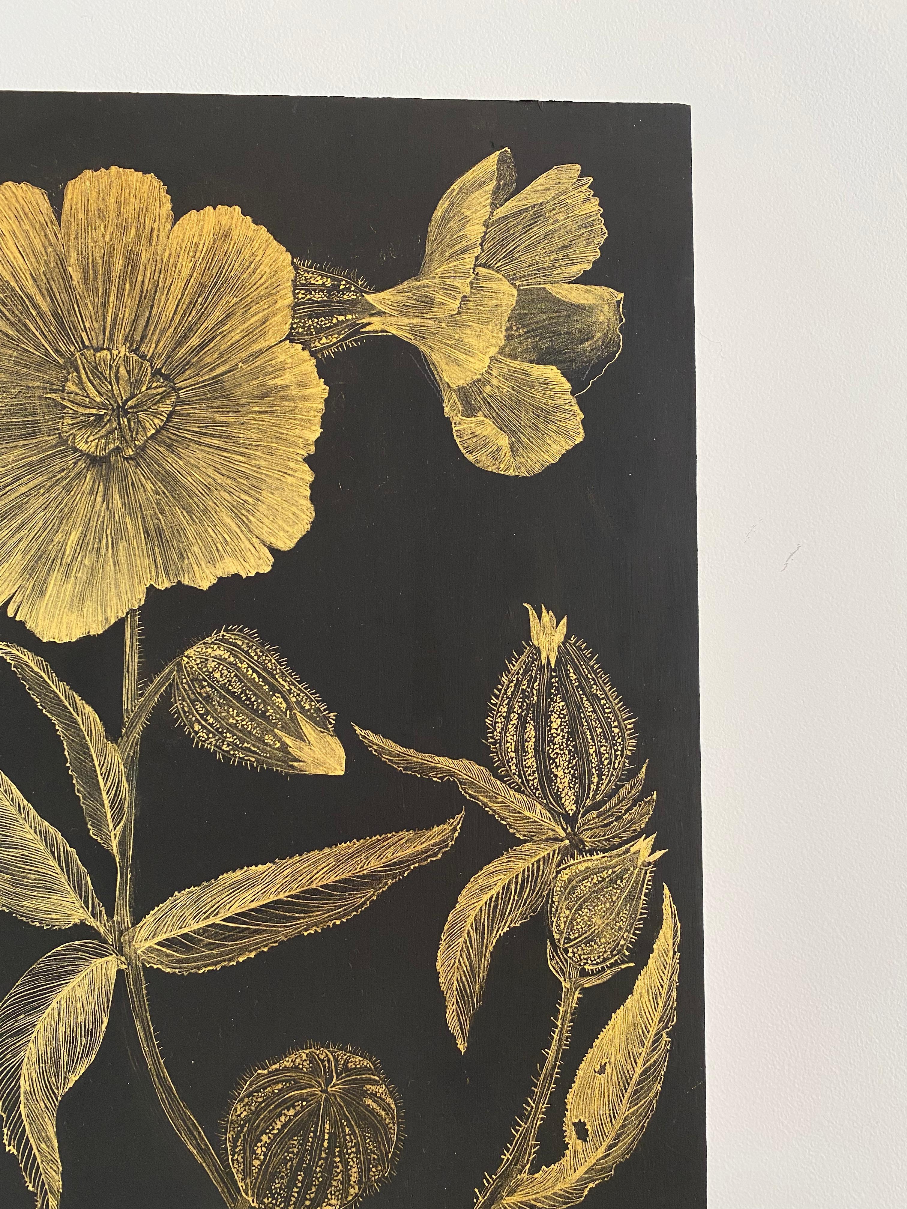 Marshmallow Two, Gold Flowers, Leaves Stem, Metallic Botanical Painting on Black For Sale 10