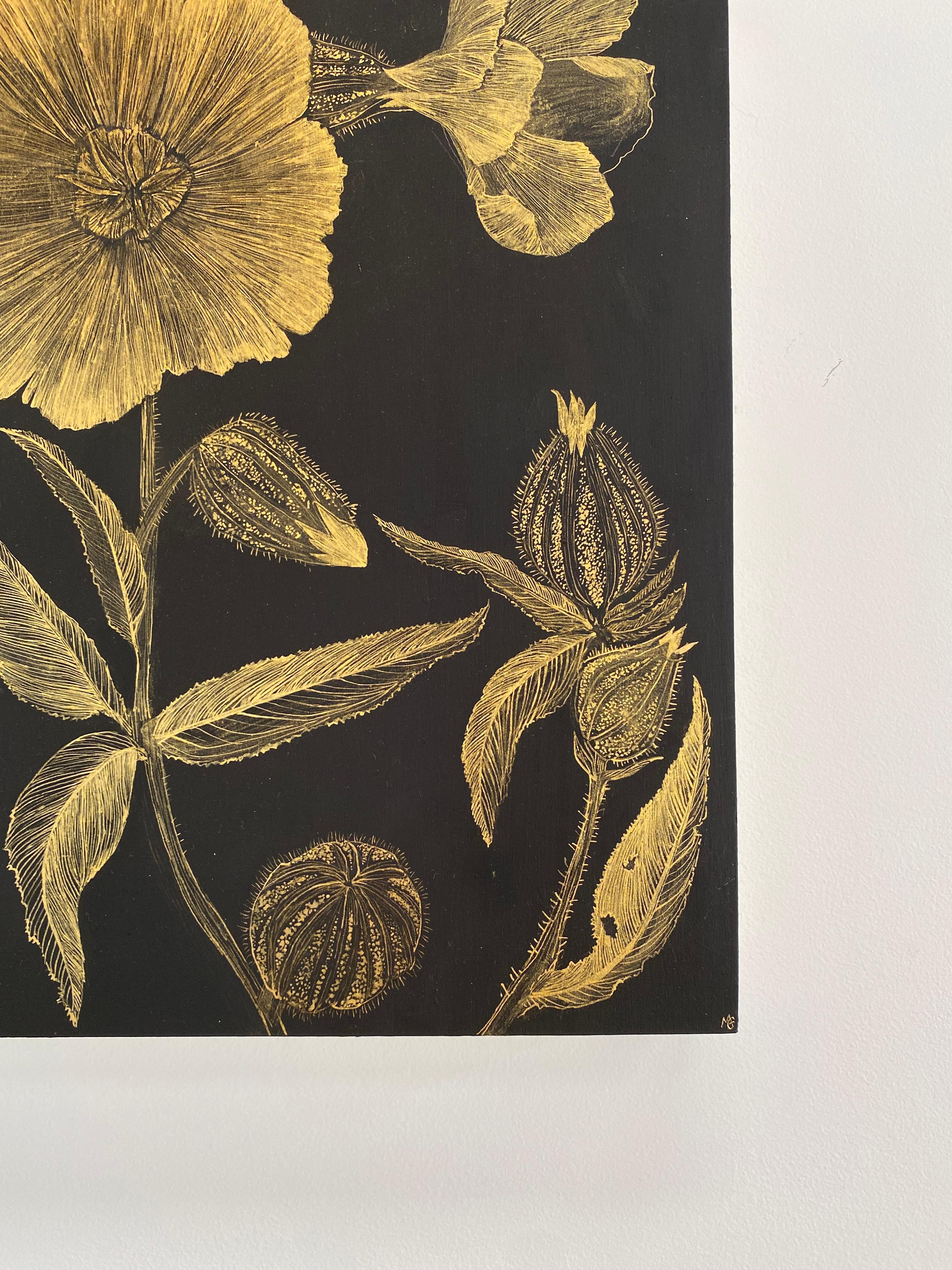 Marshmallow Two, Gold Flowers, Leaves Stem, Metallic Botanical Painting on Black For Sale 11