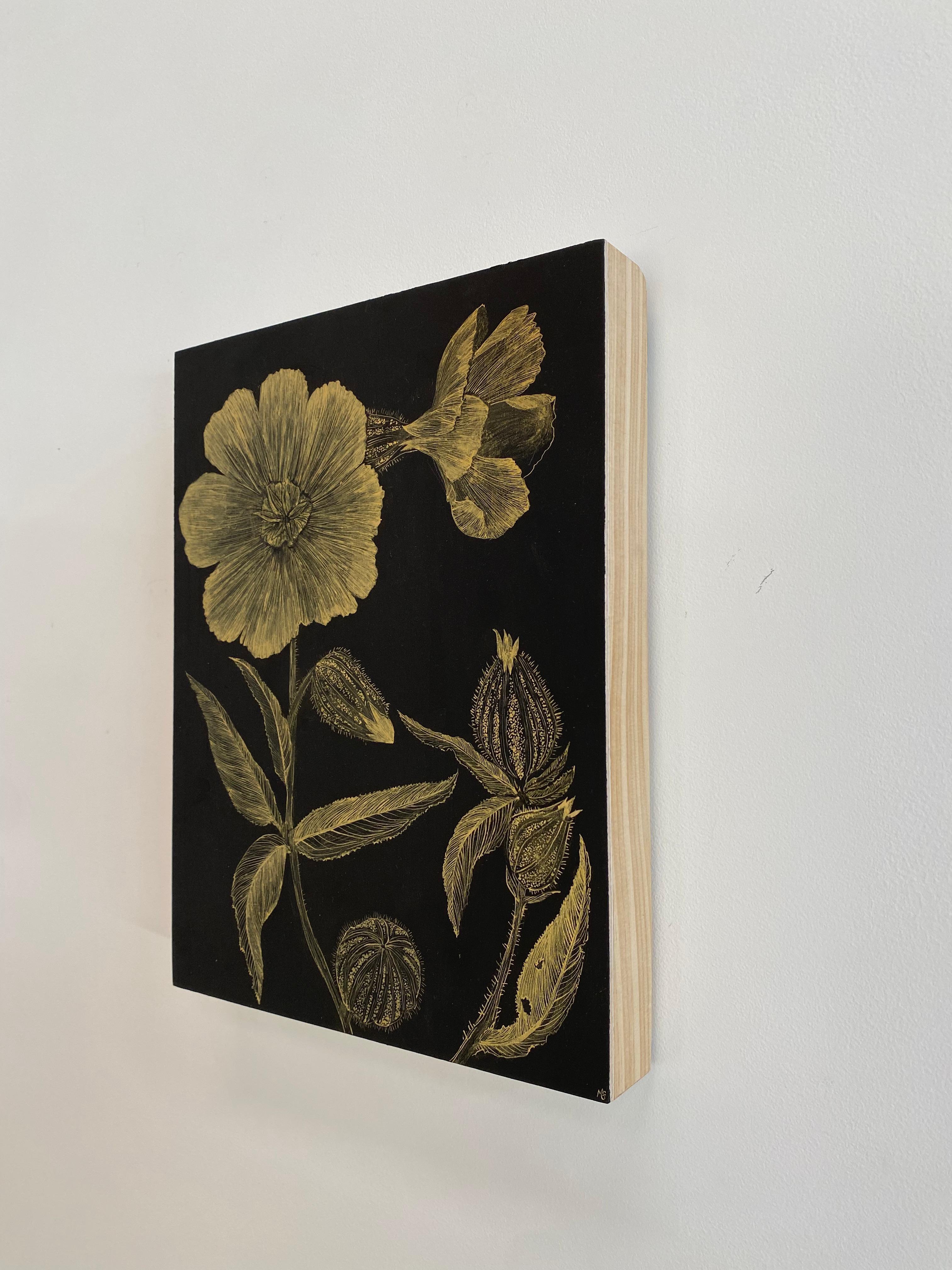 Marshmallow Two, Gold Flowers, Leaves Stem, Metallic Botanical Painting on Black For Sale 12