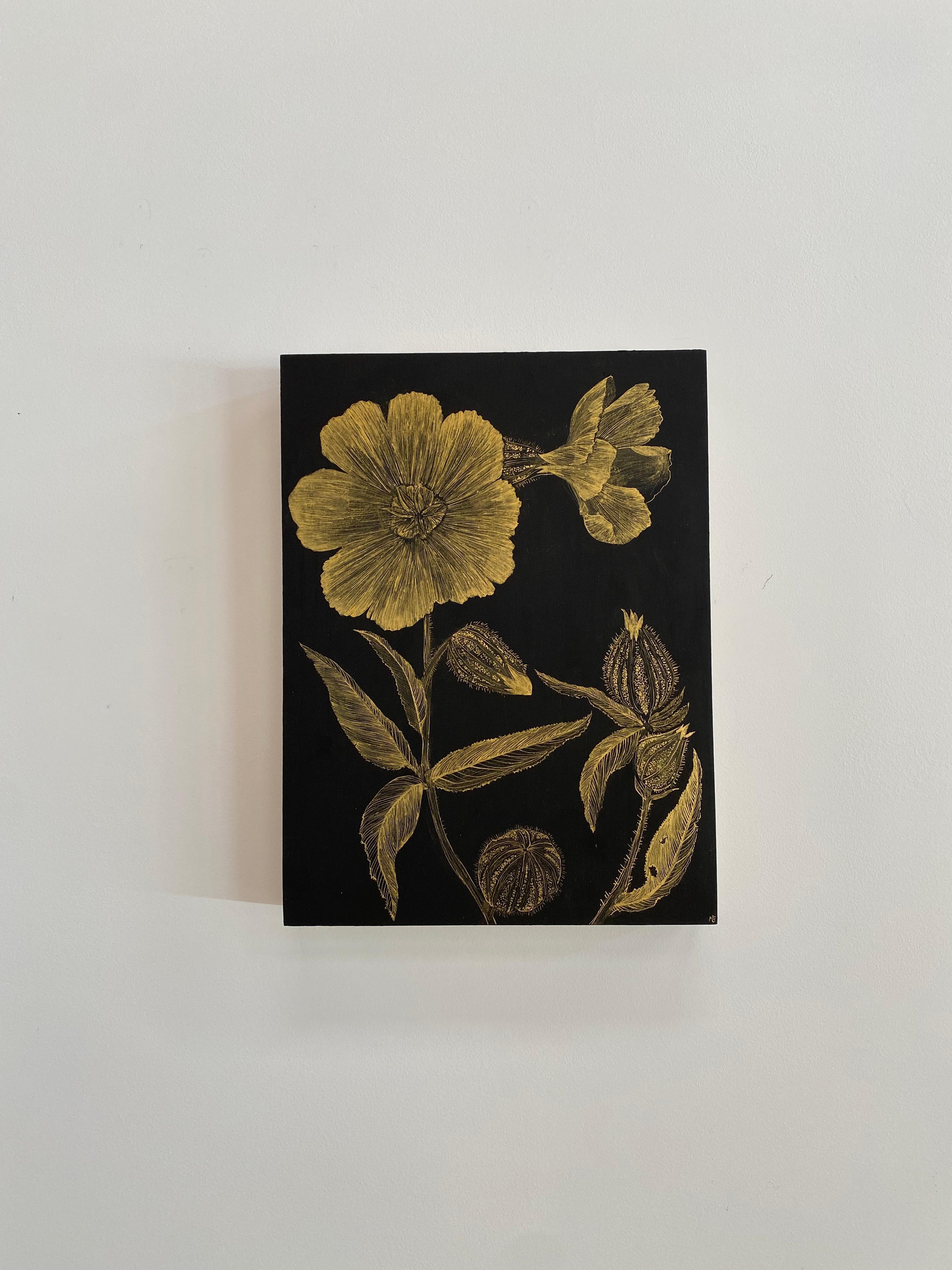 Marshmallow Two, Gold Flowers, Leaves Stem, Metallic Botanical Painting on Black For Sale 1