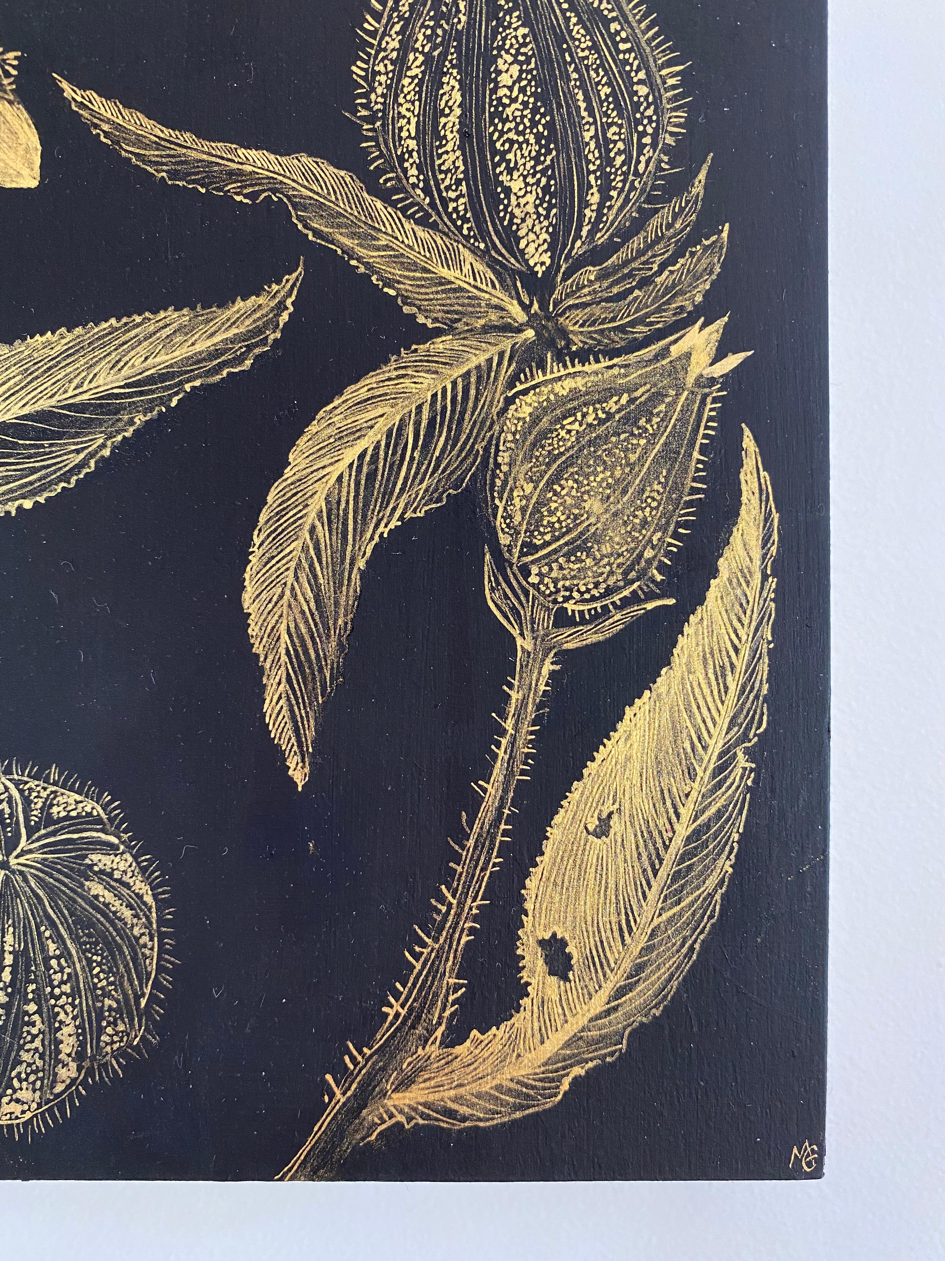 Marshmallow Two, Gold Flowers, Leaves Stem, Metallic Botanical Painting on Black For Sale 3