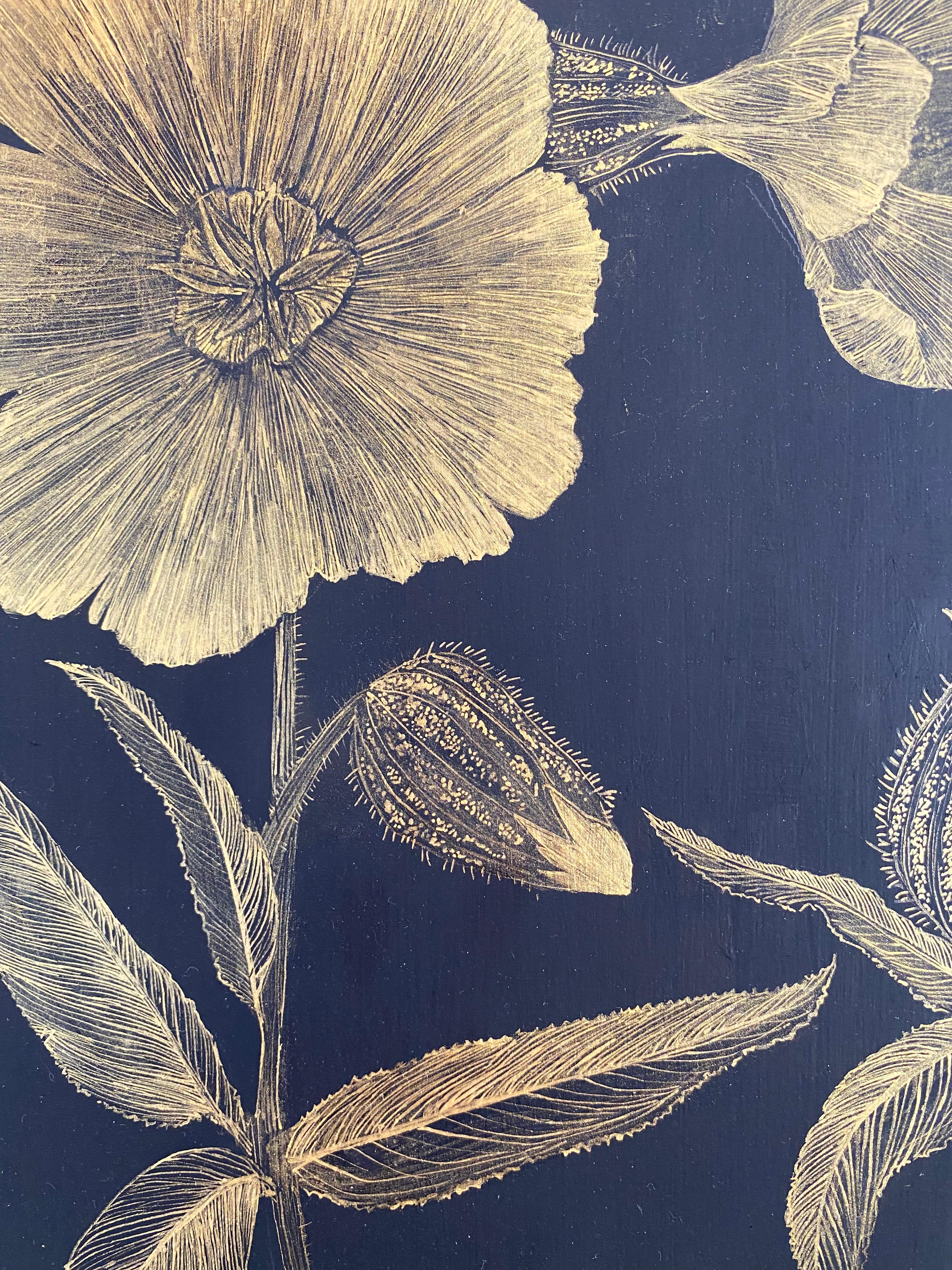Marshmallow Two, Gold Flowers, Leaves Stem, Metallic Botanical Painting on Black For Sale 4