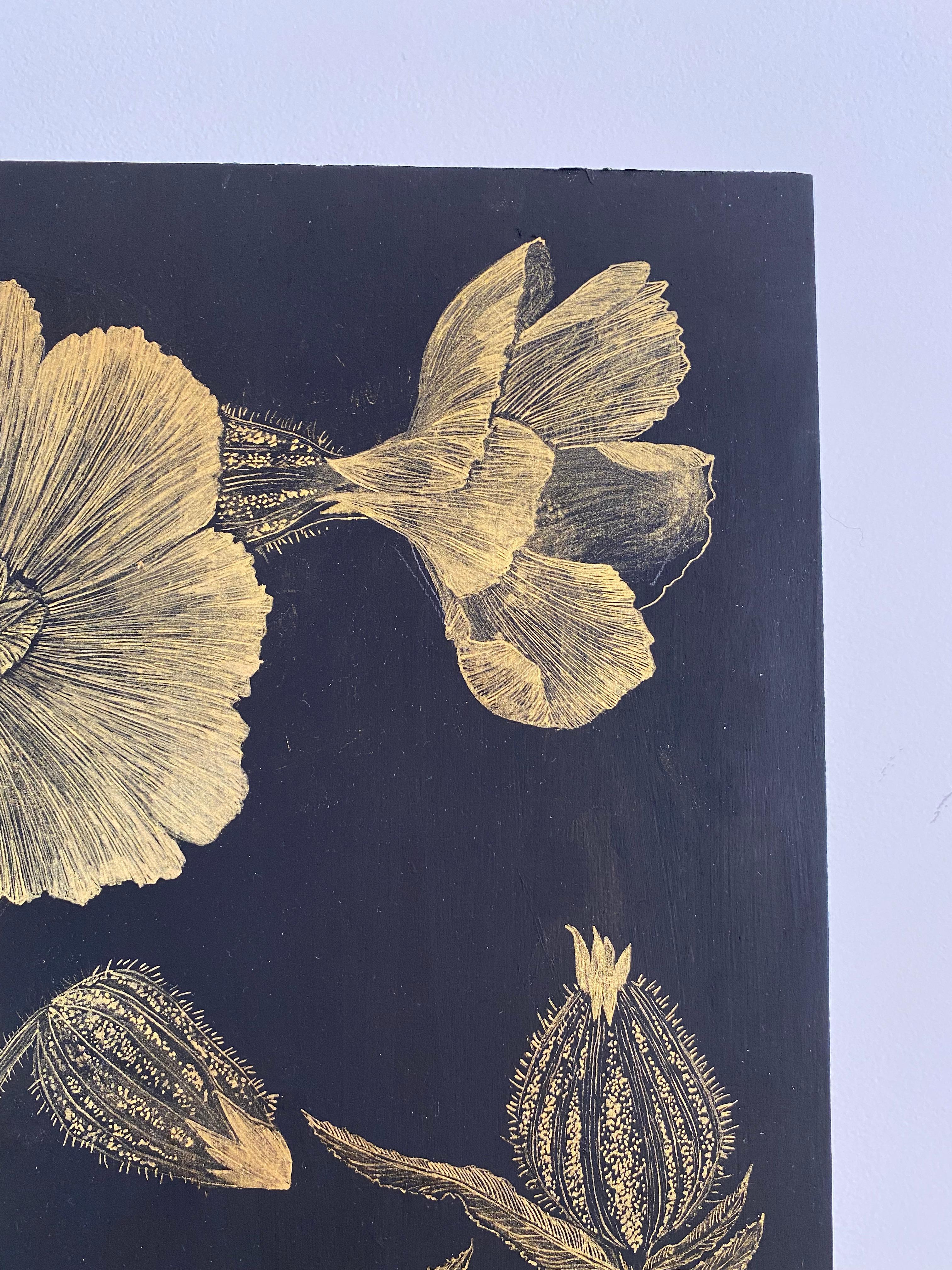 Marshmallow Two, Gold Flowers, Leaves Stem, Metallic Botanical Painting on Black For Sale 5