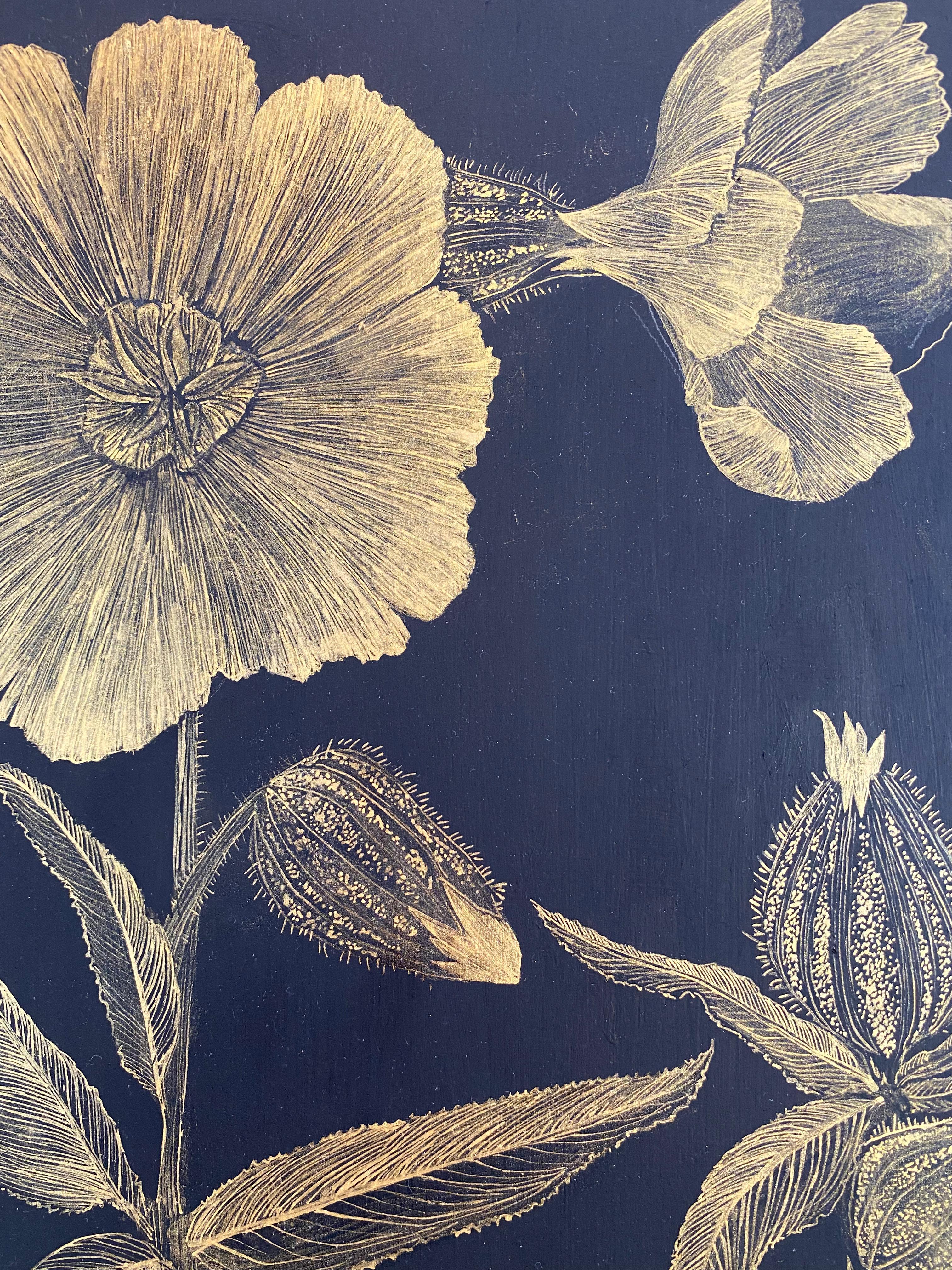 Marshmallow Two, Gold Flowers, Leaves Stem, Metallic Botanical Painting on Black For Sale 6