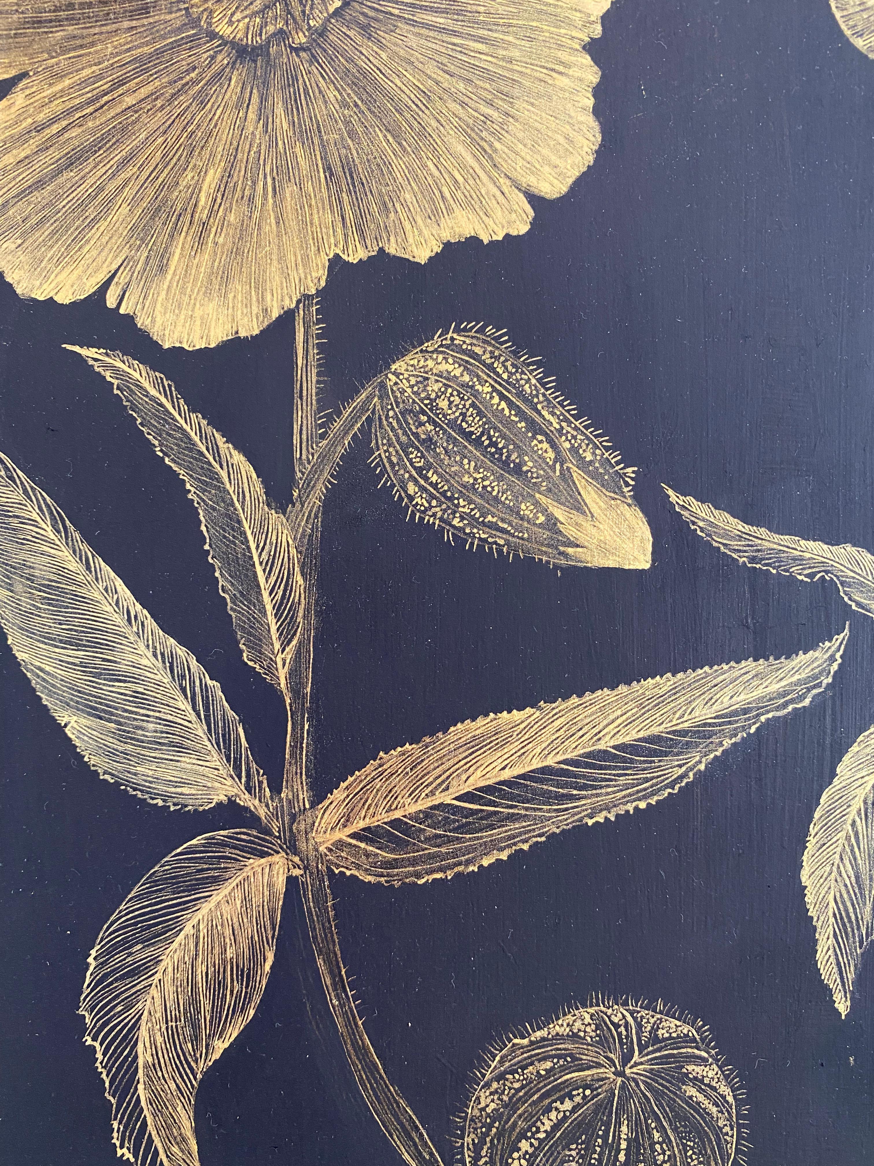 Marshmallow Two, Gold Flowers, Leaves Stem, Metallic Botanical Painting on Black For Sale 7