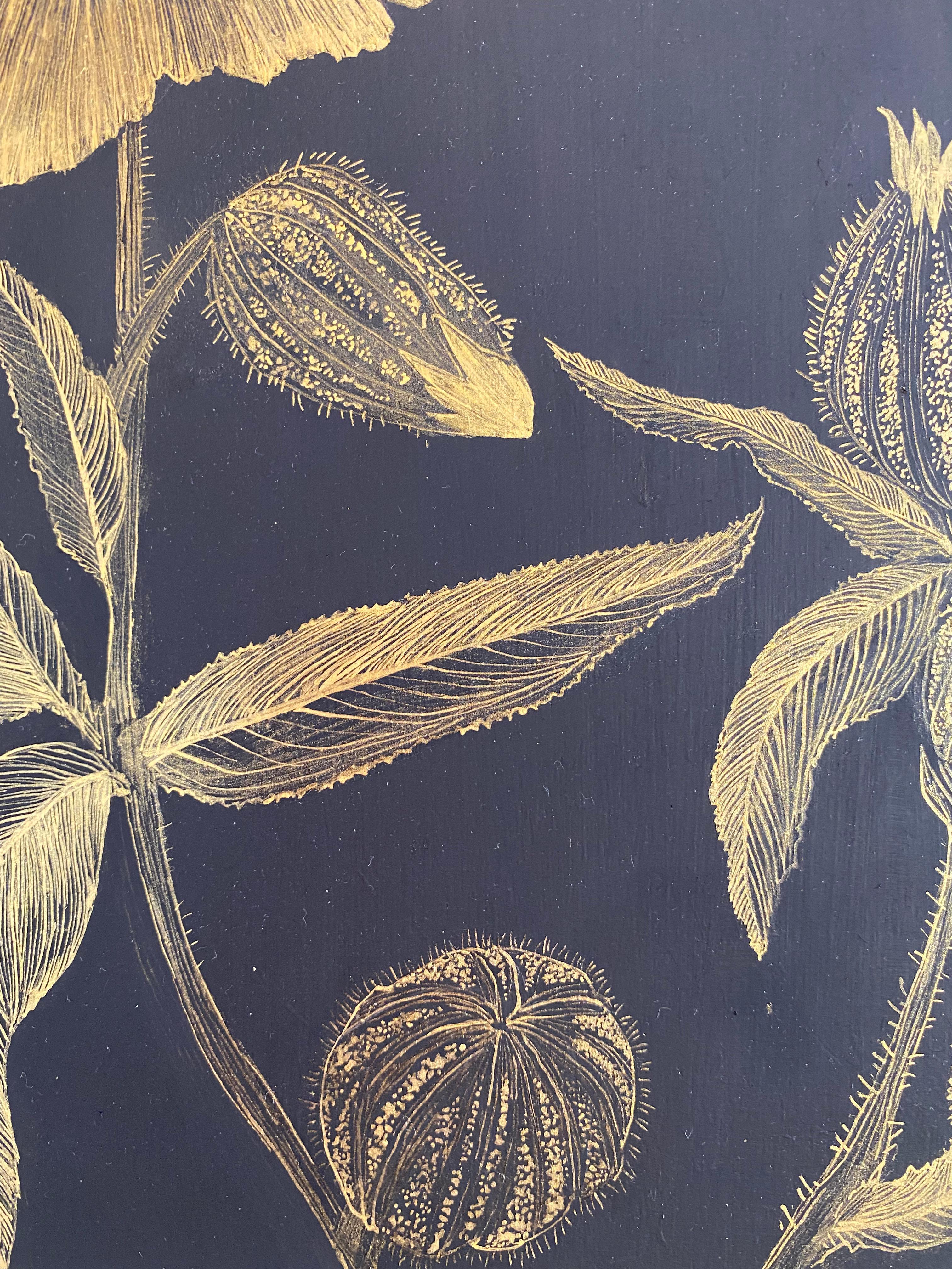 Marshmallow Two, Gold Flowers, Leaves Stem, Metallic Botanical Painting on Black For Sale 8