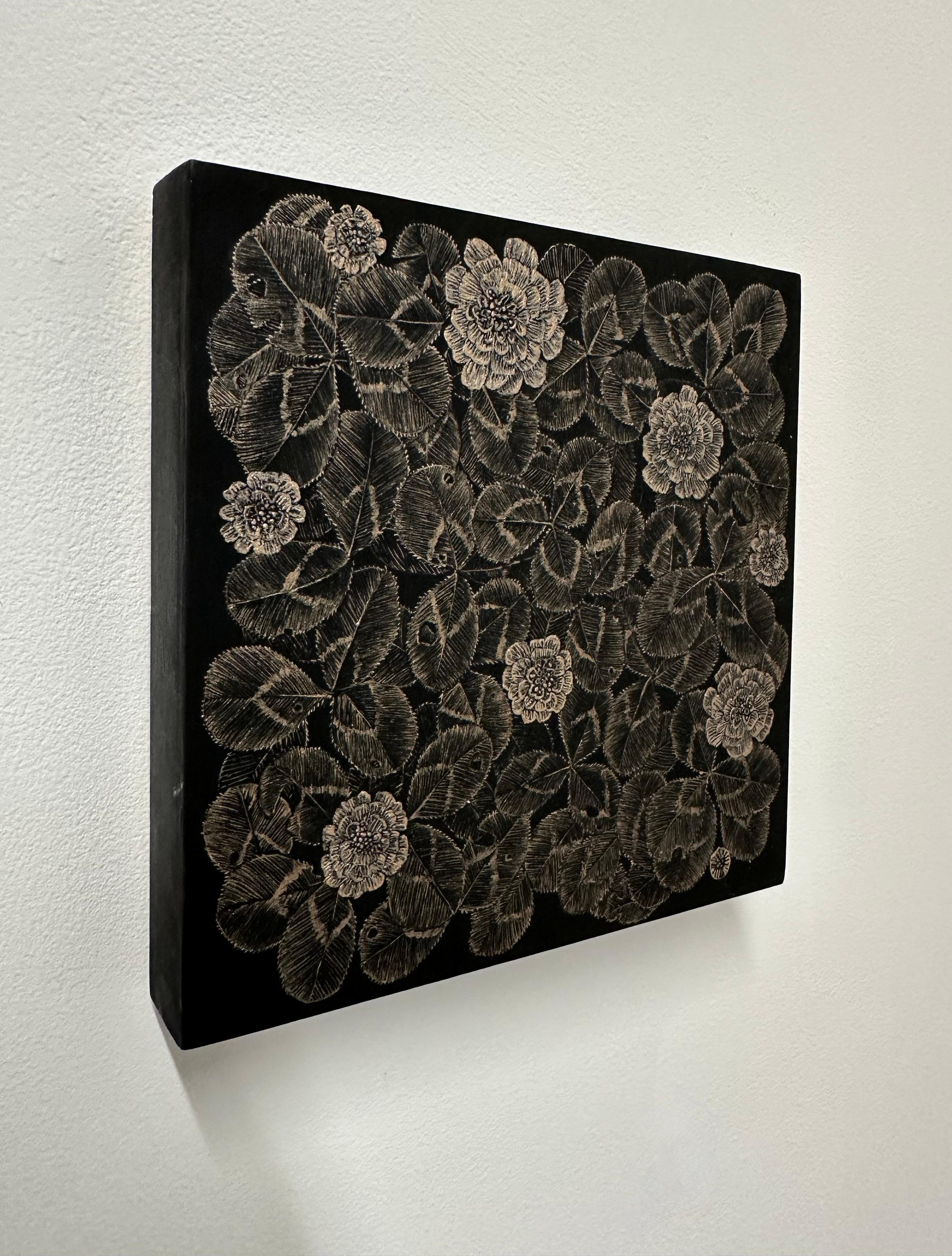 Diese zarte botanische Zeichnung ist mit leuchtender Metallic-Ölfarbe mit schimmerndem Glimmer und Pigment auf einer schwarz lackierten, gewieften Platte ausgeführt. Eine wilde Rotkleepflanze, ihre Blätter, Blüten und Knospen stehen im Mittelpunkt