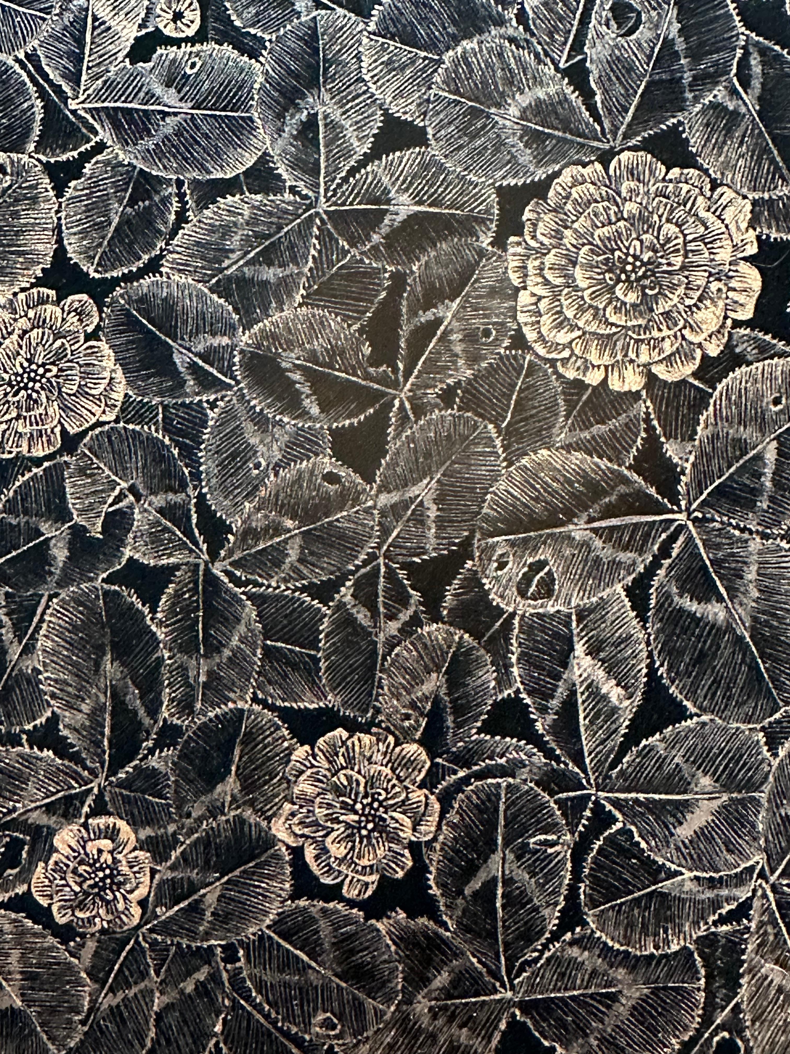 Small Clover Two - Metallic Botanical Clover Plant Leaves Stem on Black, 2024 - Contemporary Painting by Margot Glass