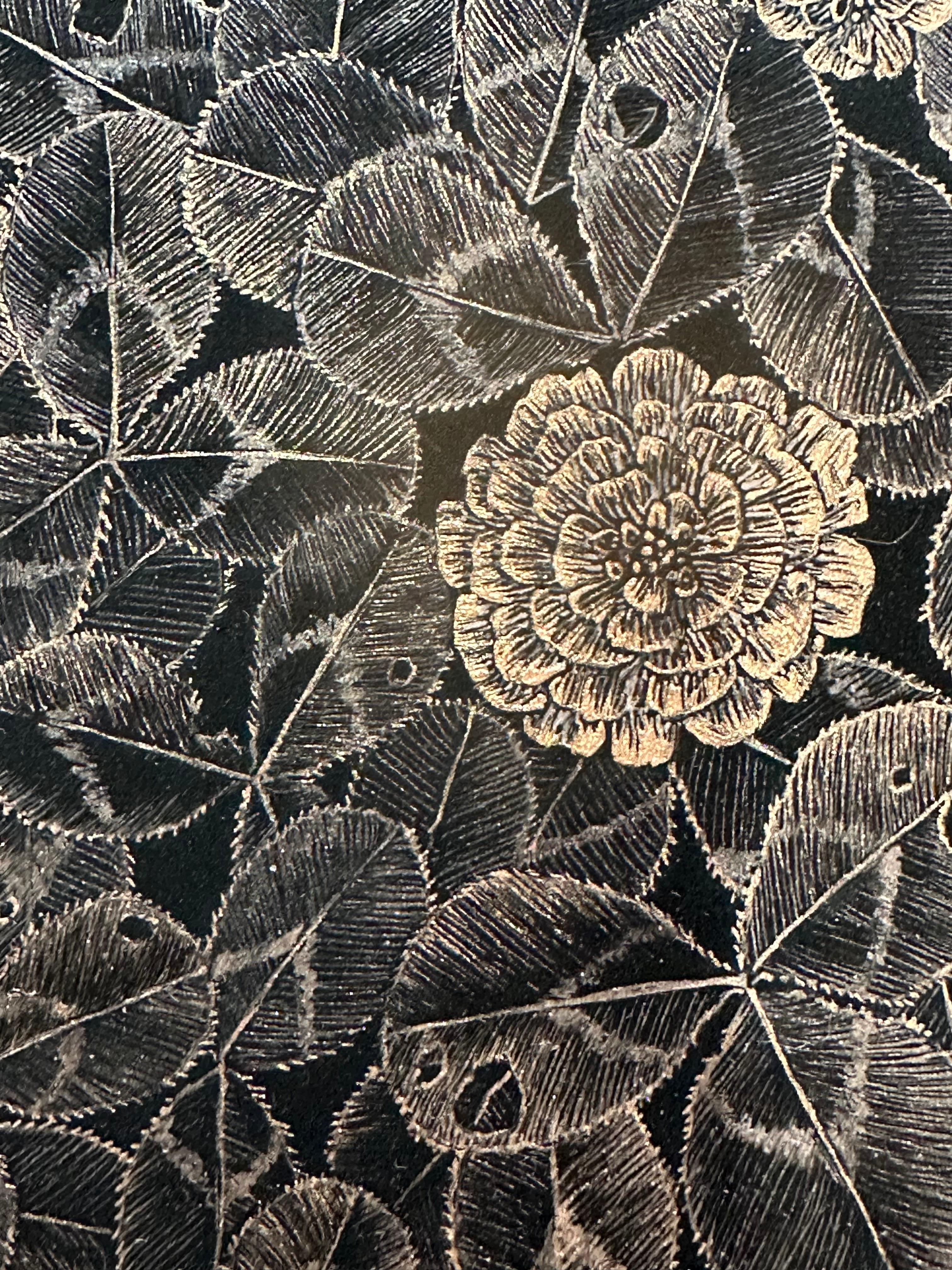 This contemporary, delicate botanical drawing is made with luminous metallic oil paint with shimmering mica and pigment on cradled panel, painted black. A wild red clover, its leaves, blossoms and buds are the focus of this small square painting by