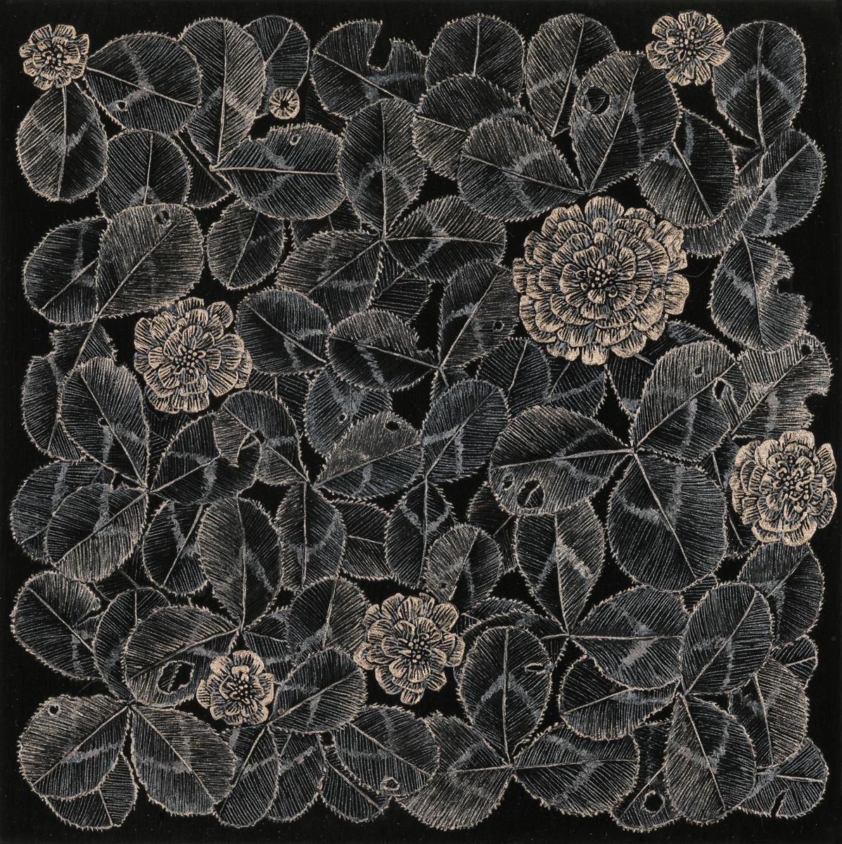 Small Clover Two - Metallic Botanical Clover Plant Leaves Stem Silver, 2024 - Painting by Margot Glass