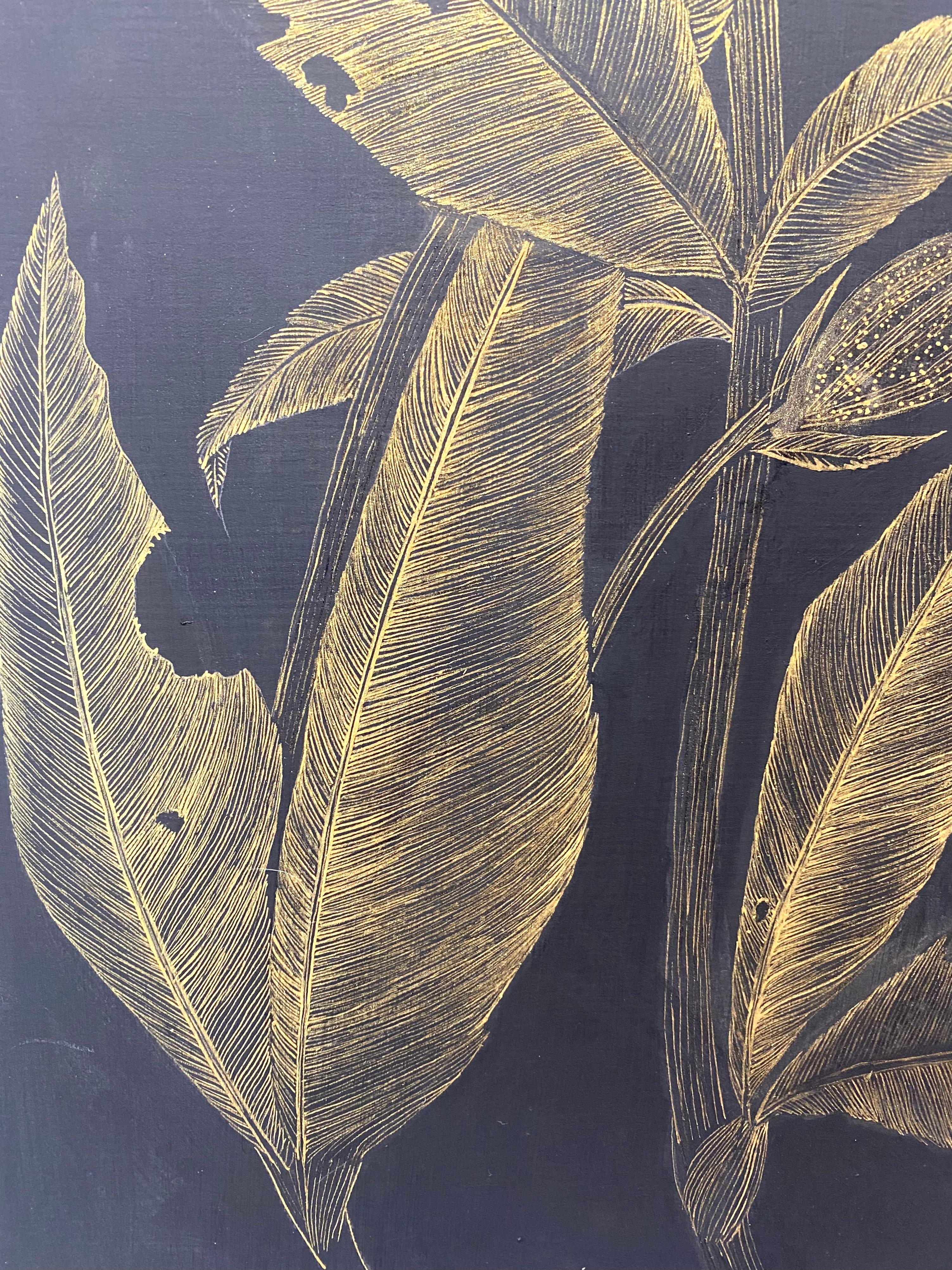 White Campion, Metallic Gold Flowers, Leaves, Stem Botanical, Black Panel 9