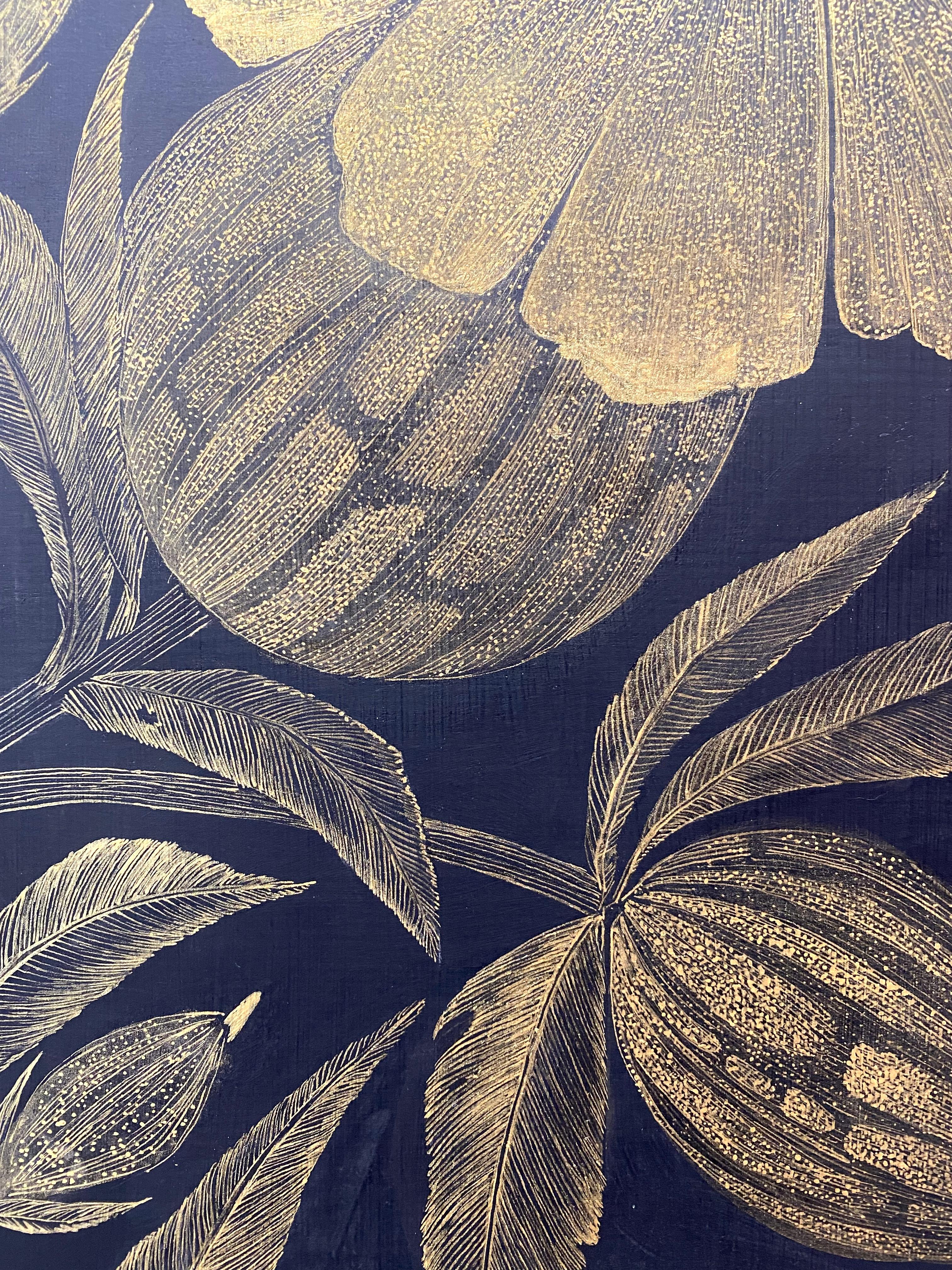 White Campion, Metallic Gold Flowers, Leaves, Stem Botanical, Black Panel 10
