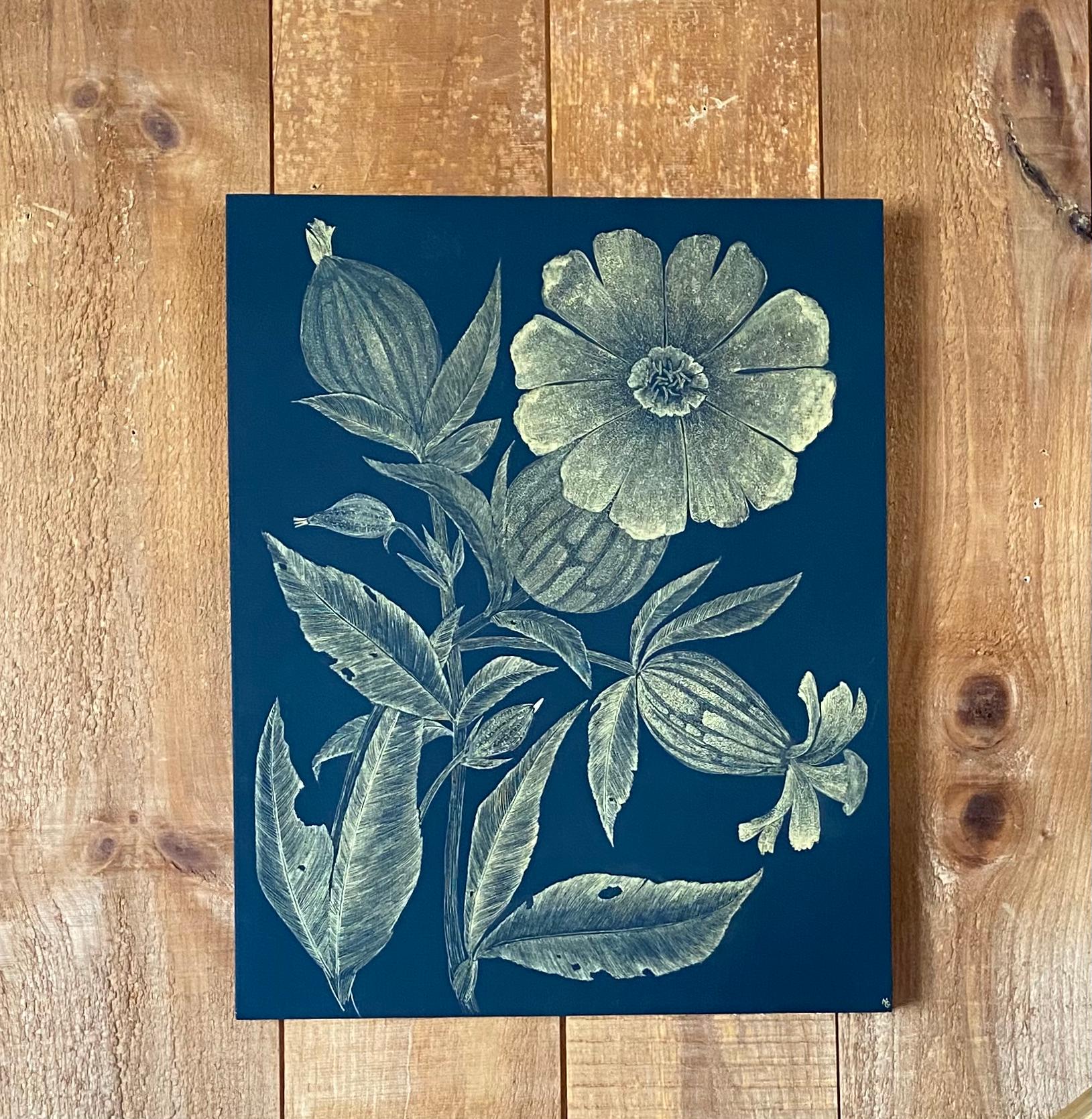 White Campion, Metallic Gold Flowers, Leaves, Stem Botanical, Black Panel 11
