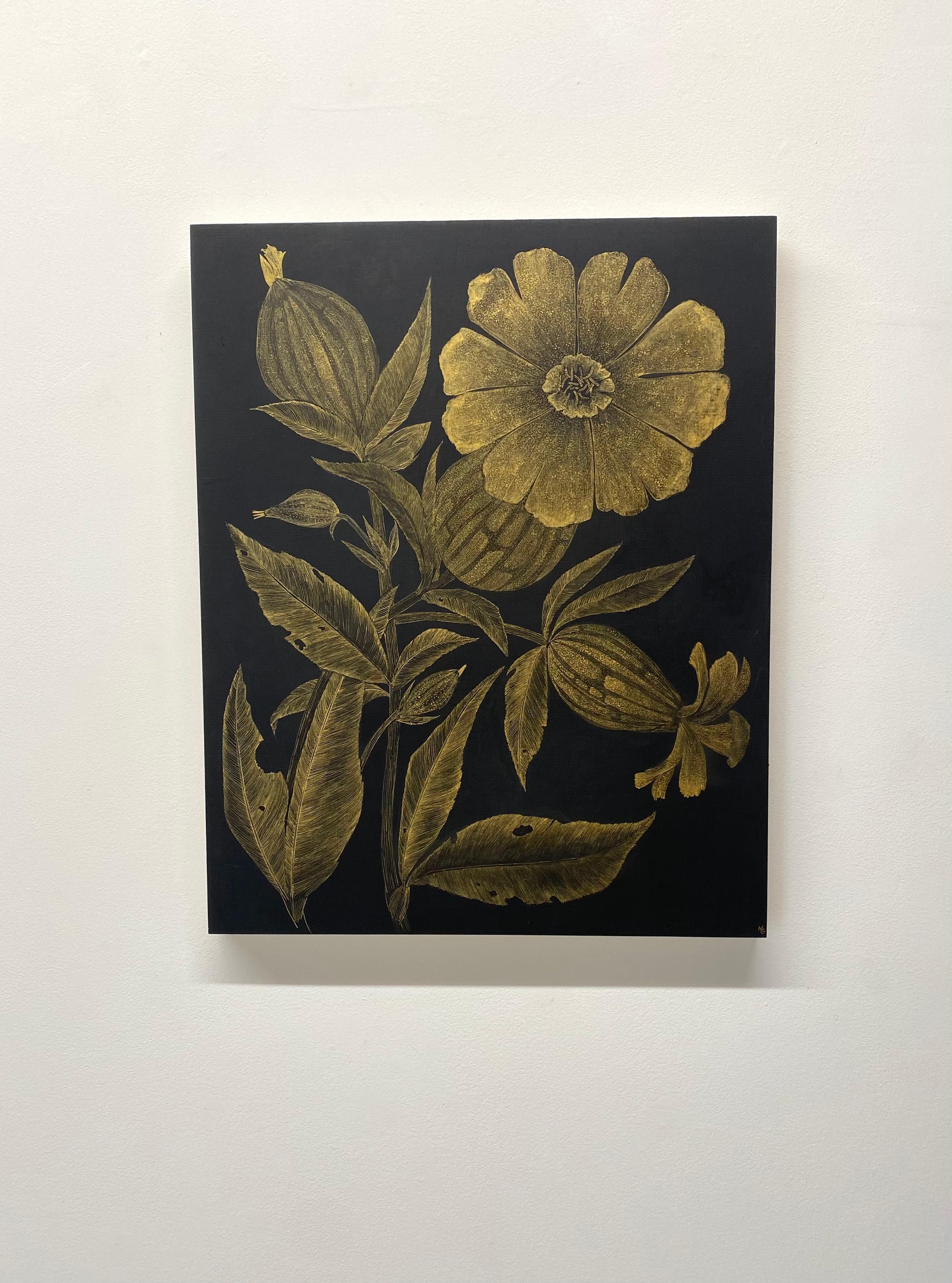 White Campion, Metallic Gold Flowers, Leaves, Stem Botanical, Black Panel - Contemporary Painting by Margot Glass