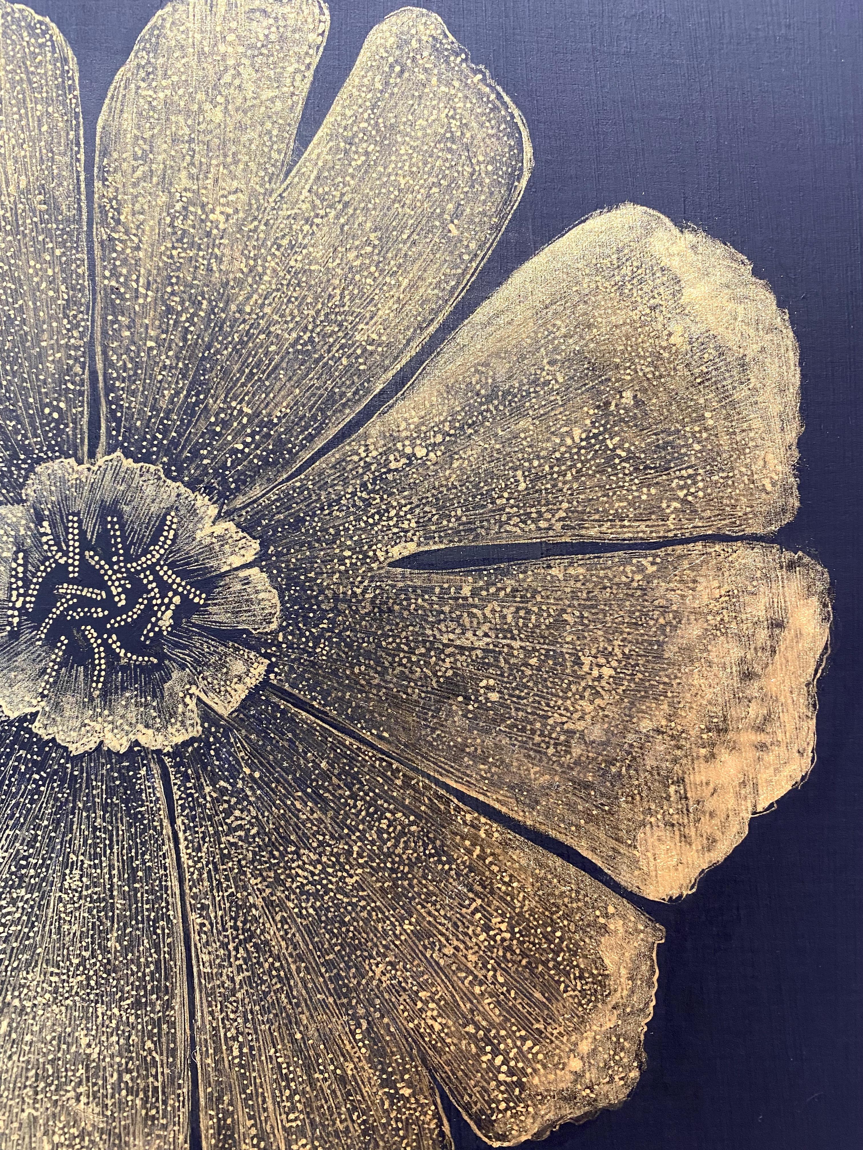 This delicate botanical drawing is made with metallic gold acrylic on cradled panel, painted black. The exploration of ephemerality through a wild white campion flower, its leaves, petals and buds are the focus of this painting by Margot Glass. The