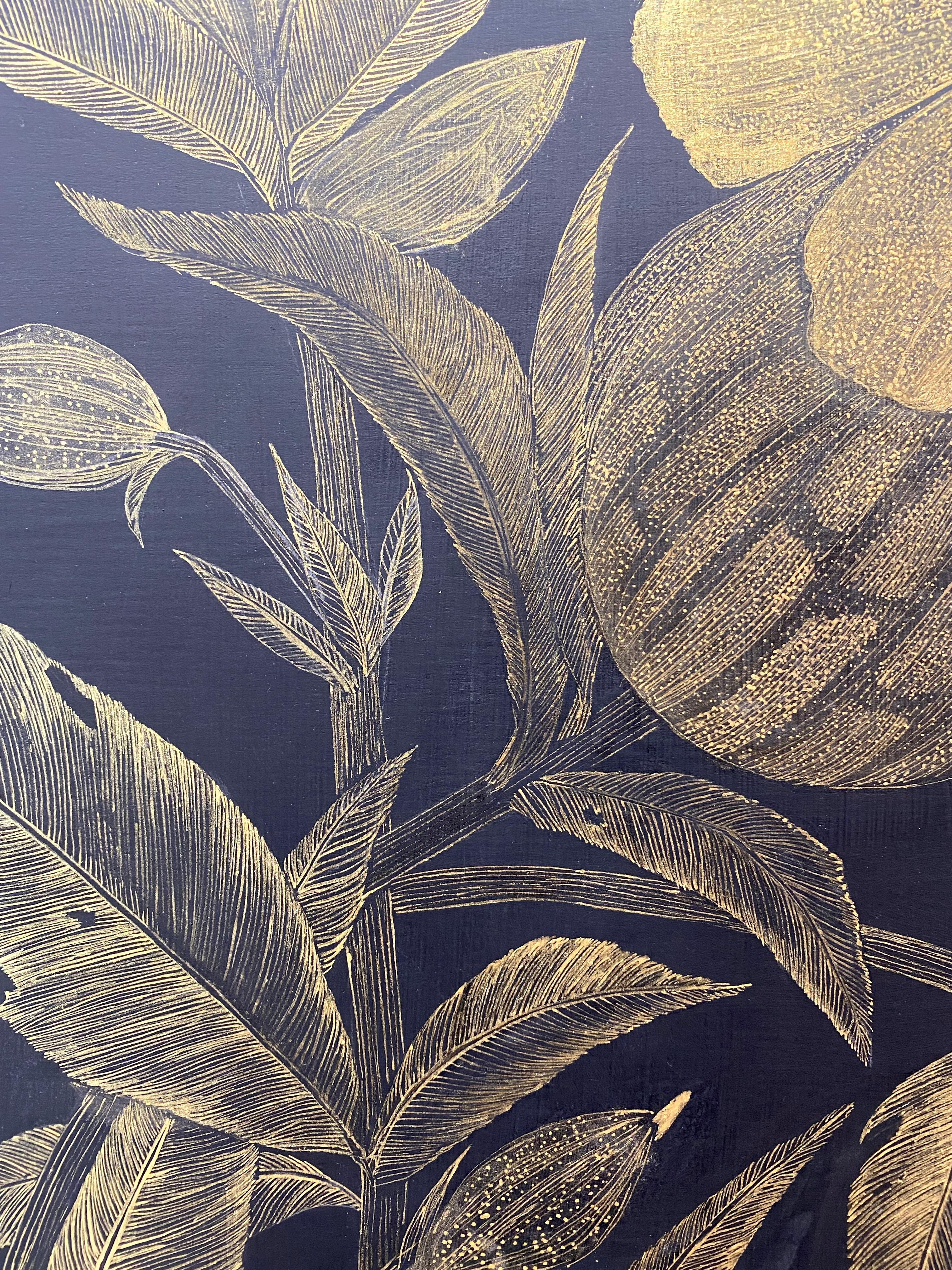 White Campion, Metallic Gold Flowers, Leaves, Stem Botanical, Black Panel 1