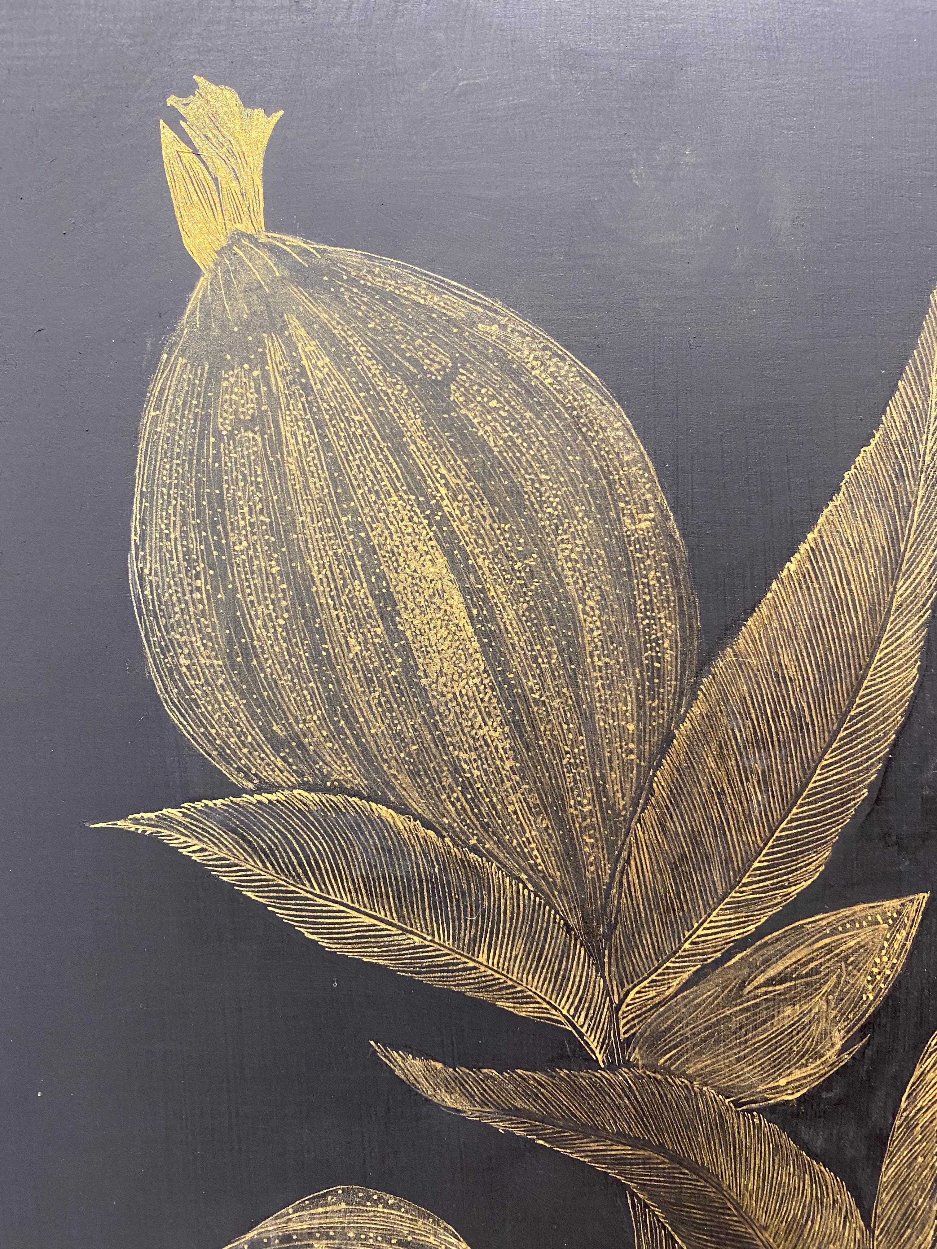 White Campion, Metallic Gold Flowers, Leaves, Stem Botanical, Black Panel 2