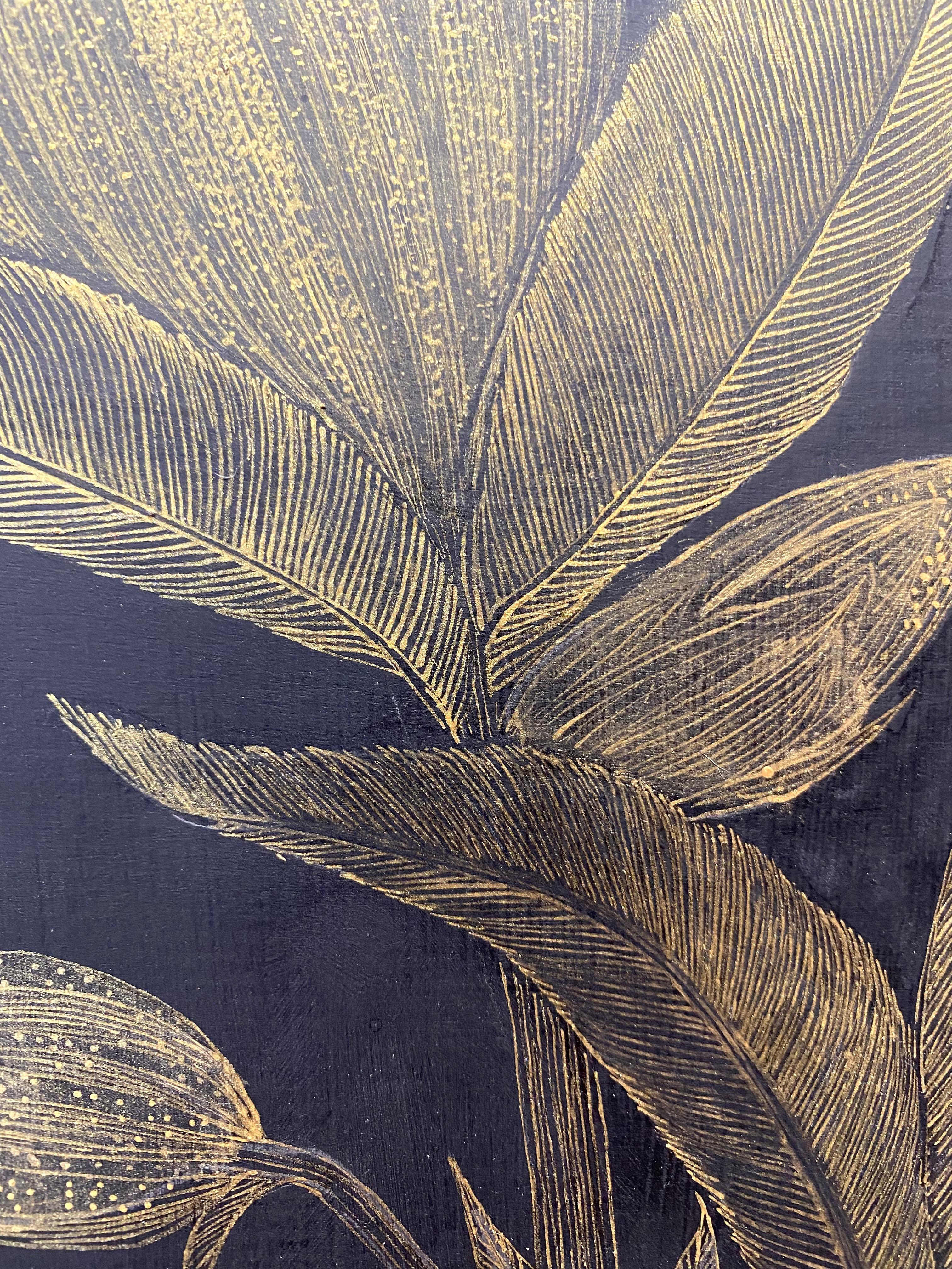 White Campion, Metallic Gold Flowers, Leaves, Stem Botanical, Black Panel 3