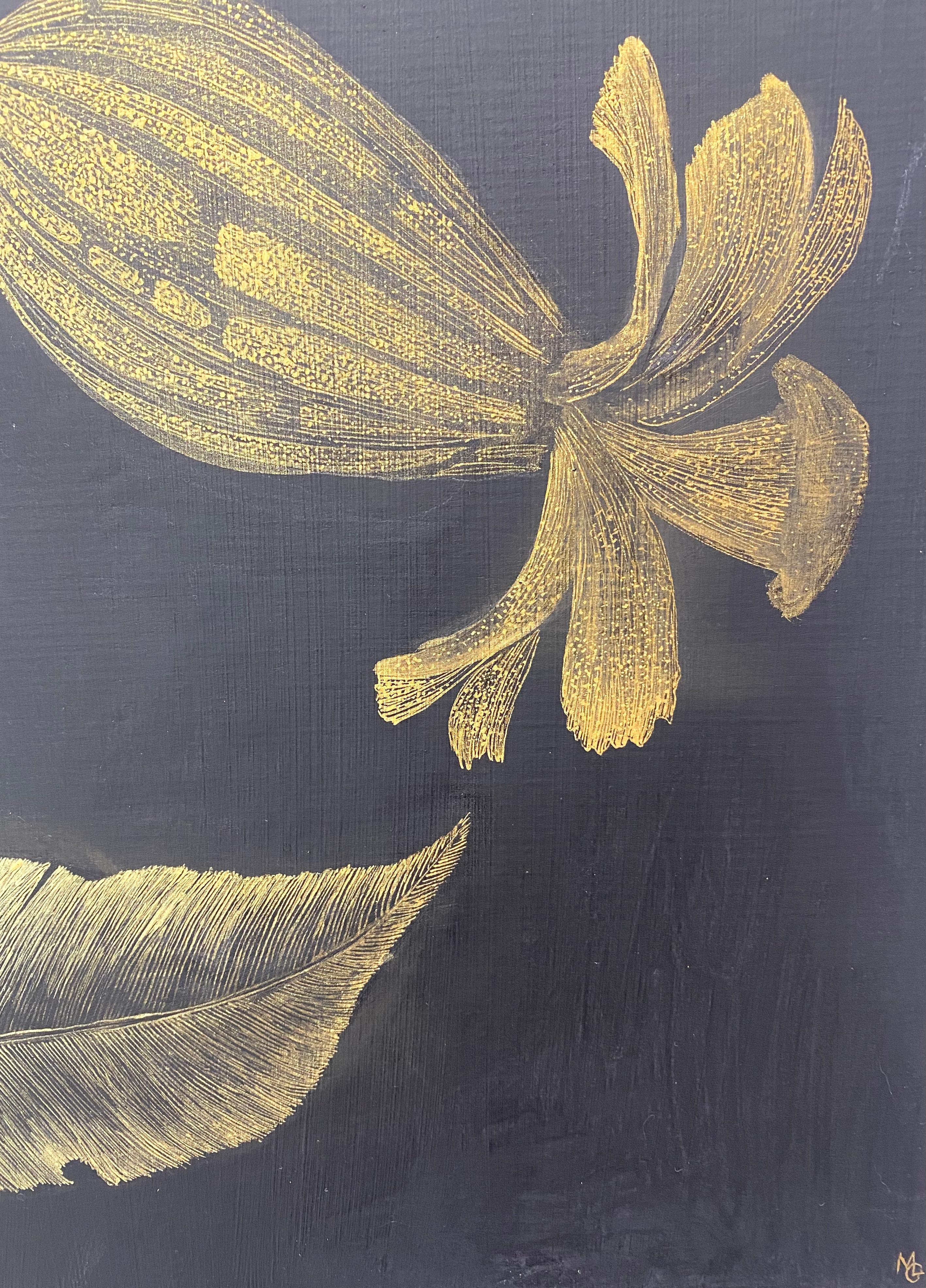 White Campion, Metallic Gold Flowers, Leaves, Stem Botanical, Black Panel 4