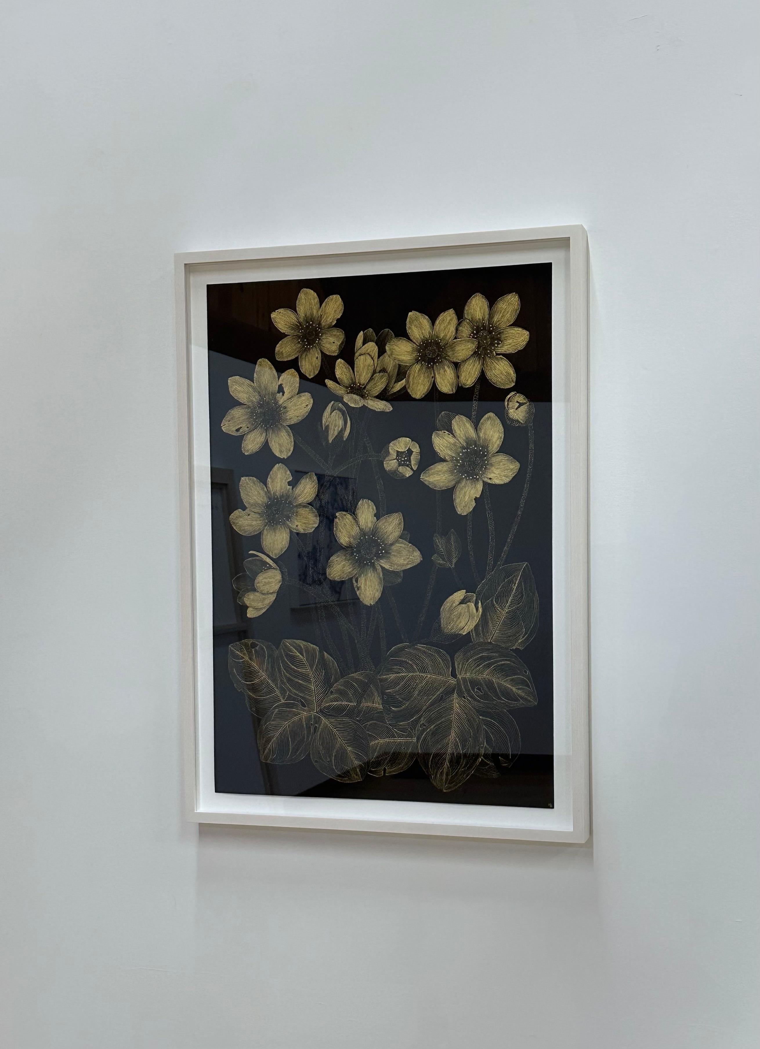 Wild Anemone - Botanical Painting Metallic Gold Flowers Leaves Wildflowers, 2024 For Sale 1