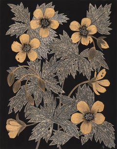 Wild Geranium, Gold Metallic Plant Leaves, Stem, Botanical On Black